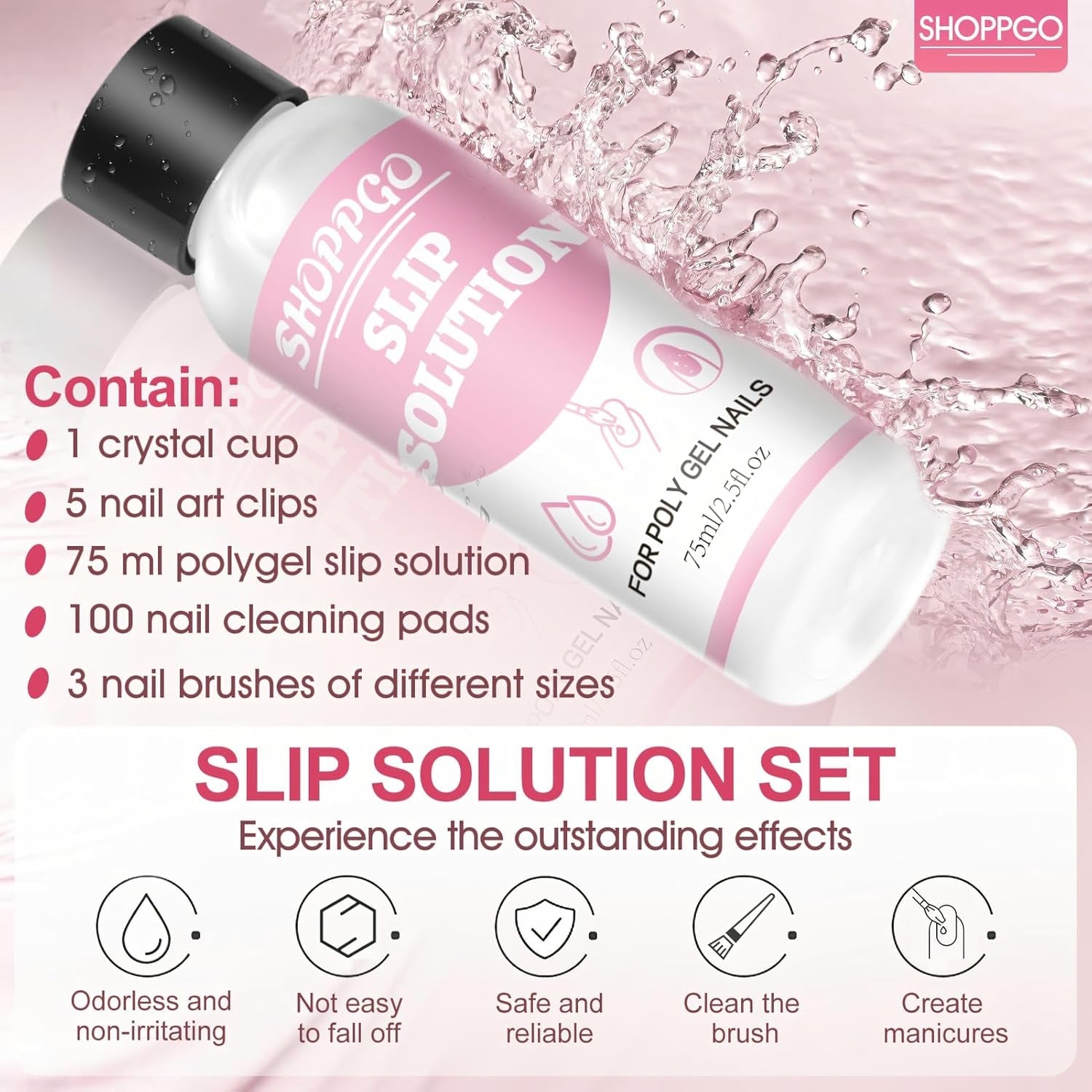 Polygel Glättungslösung, Polygel Slip Solution Nagelset, Glättungslösung 75 ml, inklusive 5 Nagelspitzenclips, 3 Nagelbürsten, 1 Kristallbecher, 100 Reinigungsblätter