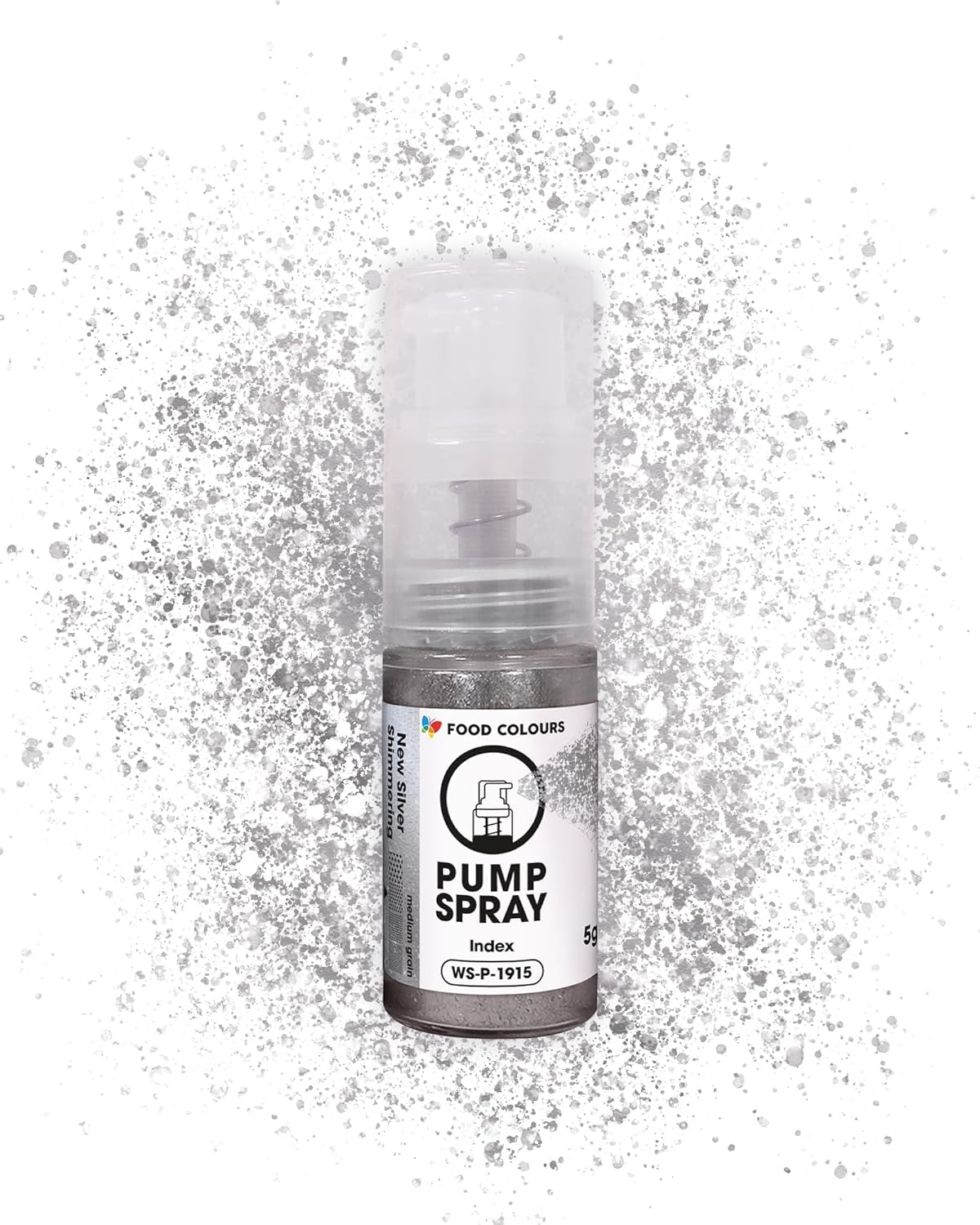 Essbares Glitzer-Lebensmittelspray NEW SILVER SHIMMERING 5G Pump mit Metallic-Pulver für die schnelle und effektive Dekoration von Kuchen, Cremes, Gelees, Pralinen, Schokoladen- und Zuckerdekorationen