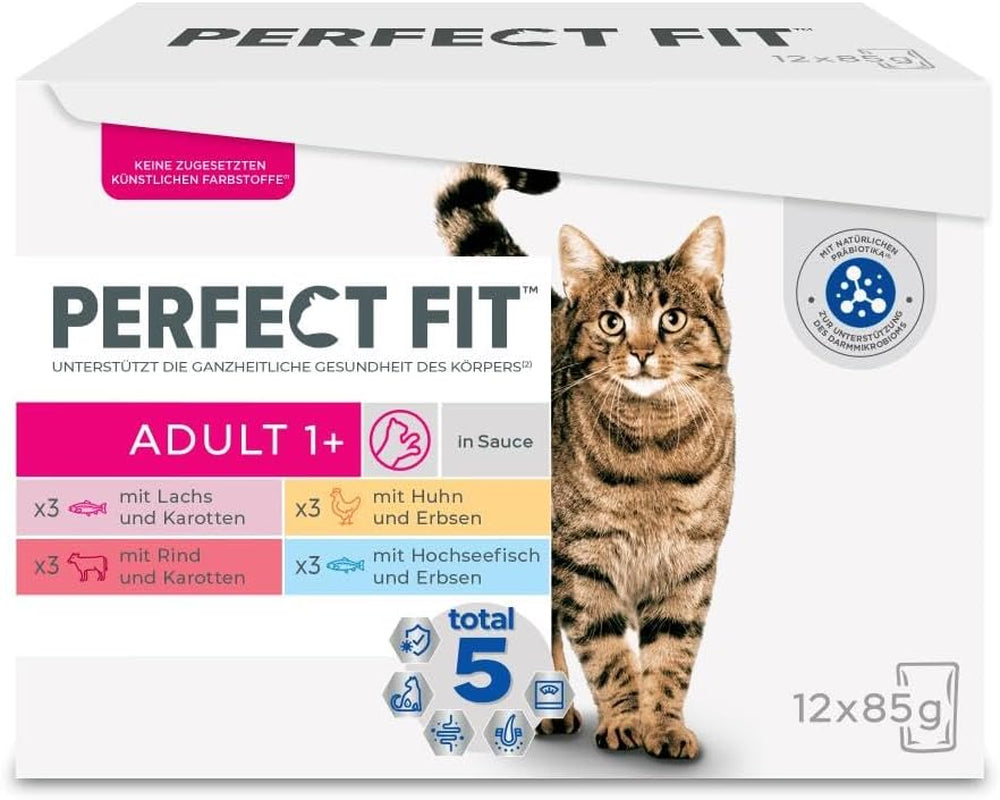 Perfect Fit Adult 1+ Nassfutter-Auswahl mit Lachs, Tiefseefisch, Rind und Huhn, 48 Beutel, 12x85g (4er-Pack) – Premium-Nassfutter für ausgewachsene Katzen ab 1 Jahr