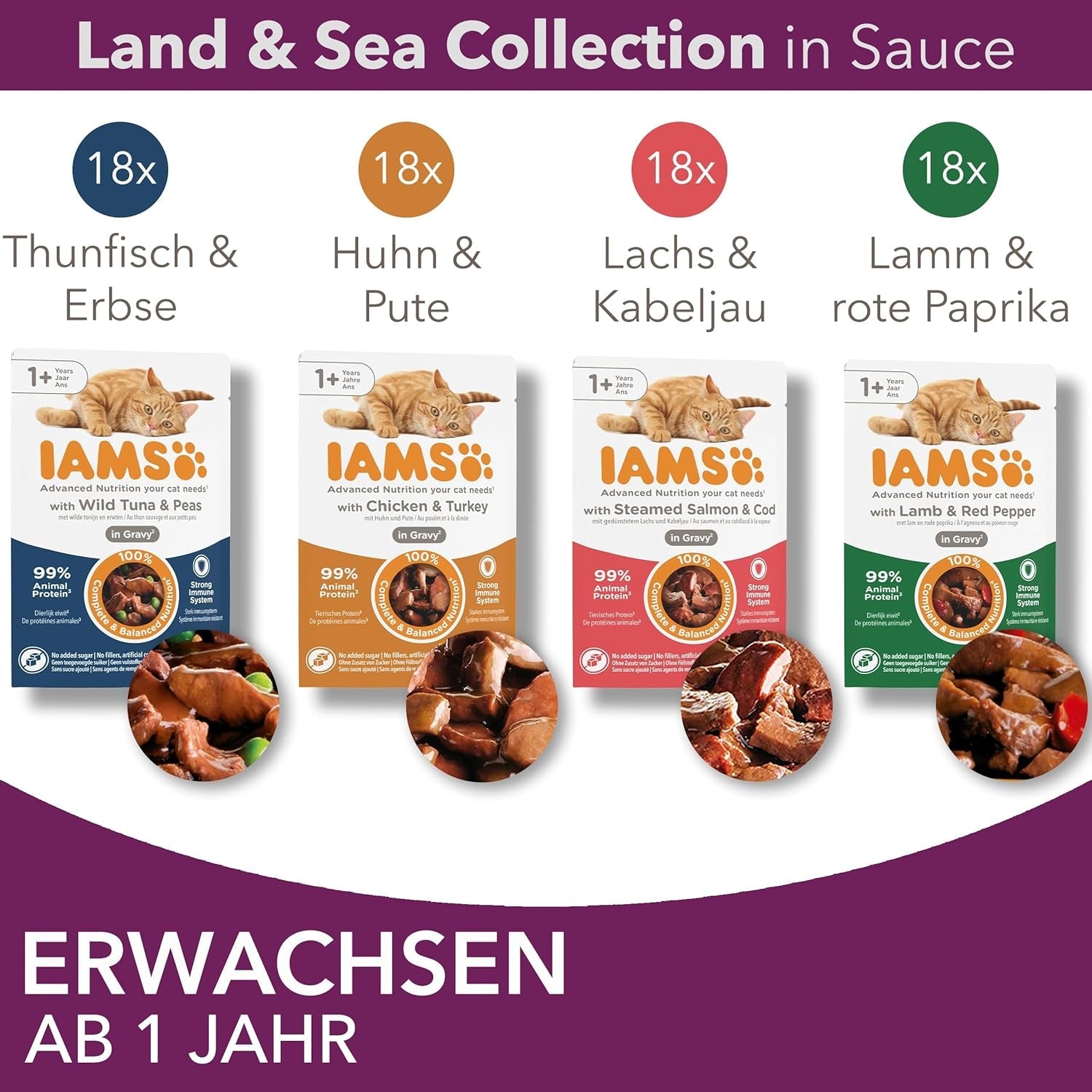 IAMS Delights Land & Sea Collection Nassfutter für Katzen – Fleisch- und Fischsortiment, Multipack in Soße, Nassfutter für Katzen ab 1 Jahr, 72 x 85 g