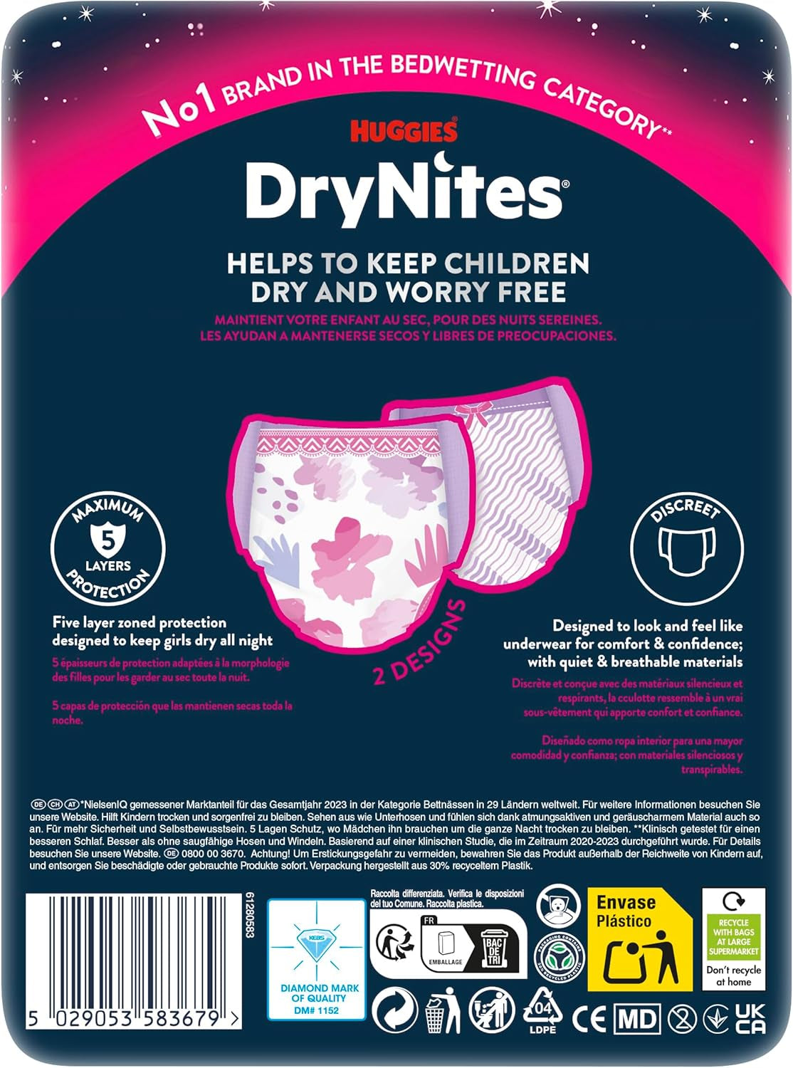 Huggies DryNites Nachtwindeln gegen Bettnässen für Mädchen von 13 bis ca. 17 Jahren (48–60 kg), 27 Stück (3 x 9), Monatspackung mit Höschenwindeln
