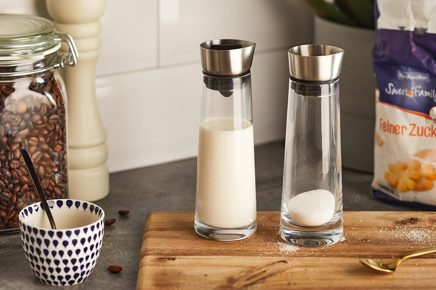 blomus -MACCHIATO- Zucker- und Sahneset aus Glas, Fassungsvermögen 180 ml, Edelstahldeckel, für Tee und Kaffee, hochwertige Verarbeitung, exklusive Optik (H/B/T: 17 x 5,4 x 5,4 cm, Transparent, 63510)