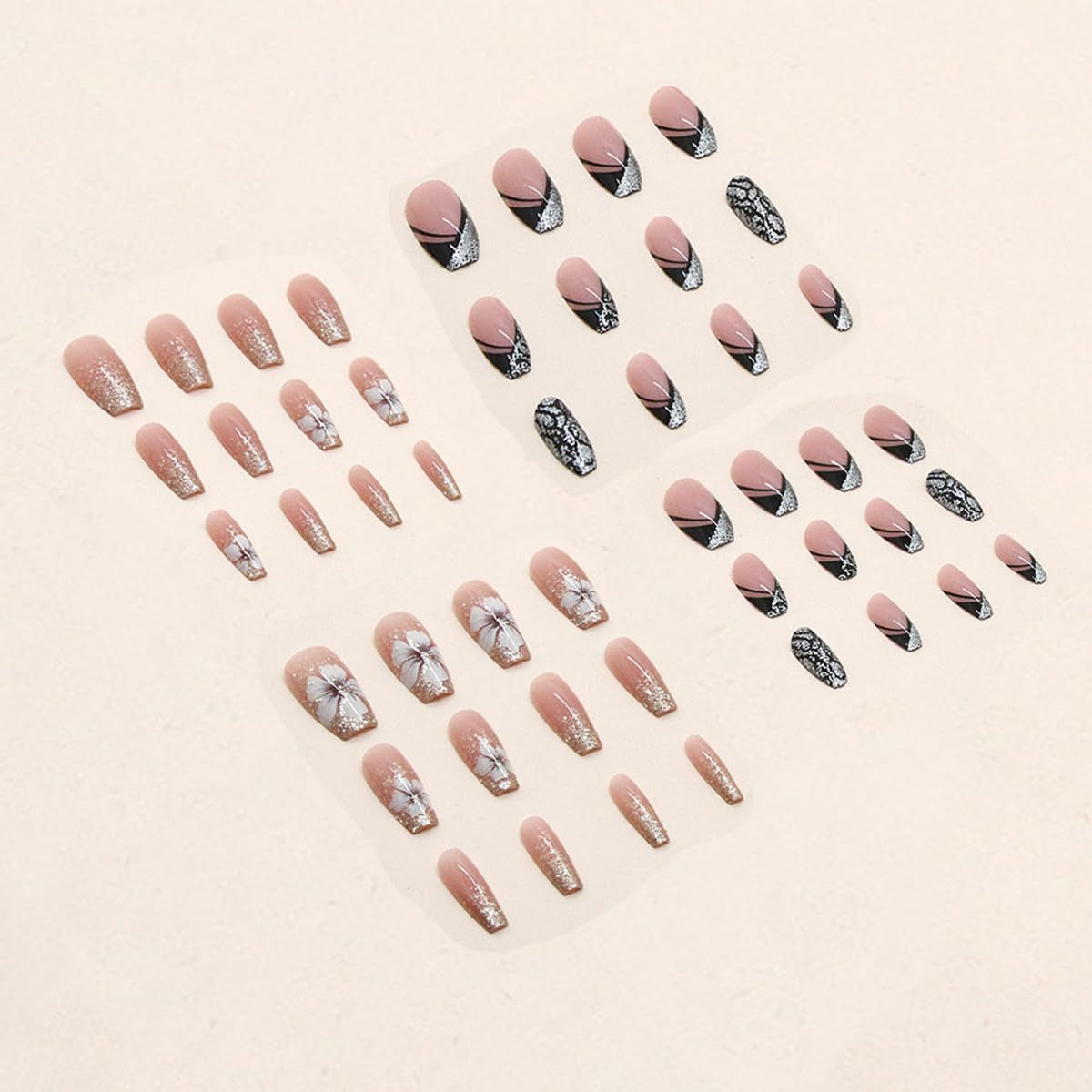 Künstliche Nägel, natürlicher Glitzer, kurzes Aufdrücken, selbstklebende Glitzernägel aus Acryl für Frauen und Mädchen, Nagelkunst-Zubehör, 48 Stück