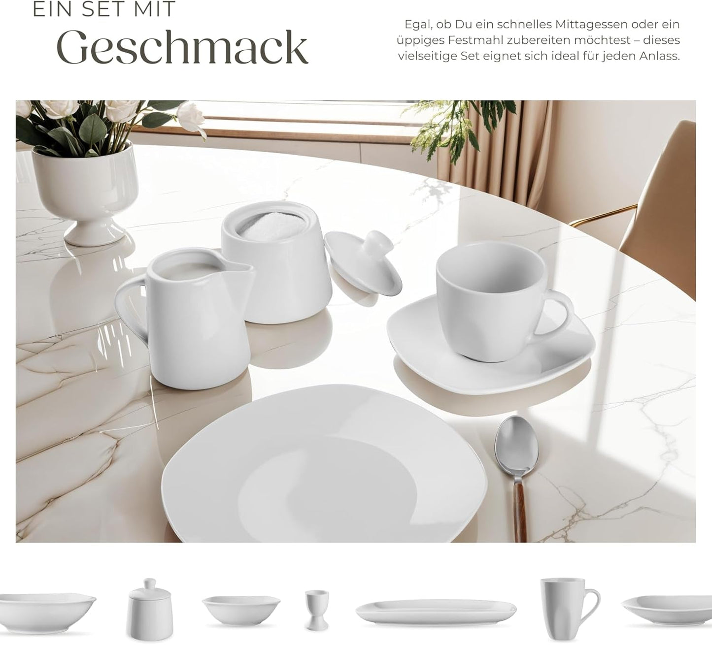 tectake® 12-Personen-Geschirrset, 100-teiliges Porzellan-Geschirrset, bestehend aus 12 Tellern, 12 Desserttellern, 12 Speisetellern, 12 Tassen, 12 Müslischalen, Salatschüssel, Milchkännchen, Zuckerdose