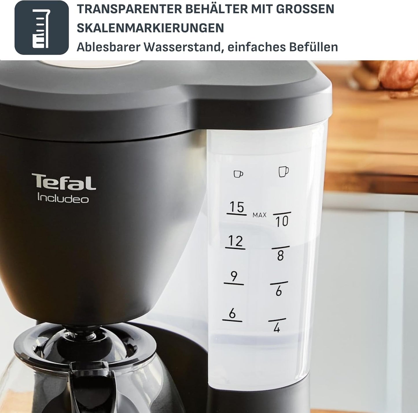 Tefal Includeo Filter-Espressomaschine, Espressomaschine extrem einfach zu bedienen, für Rechts- und Linkshänder geeignet, automatische Deckelöffnung, 1,25 l, 10 bis 15 Tassen, CM533811