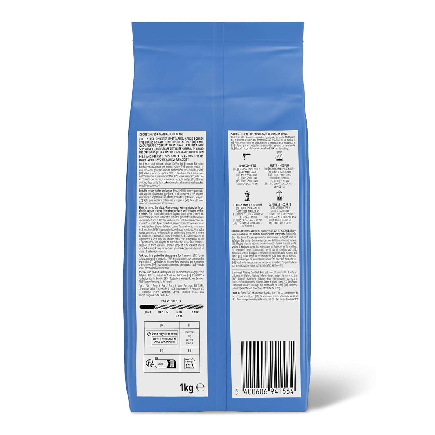 von Amazon Kaffeebohnen, entkoffeiniert, Lichte Röstung, 2 kg (2 Packungen mit 1 kg), Rainforest Alliance zertifiziert
