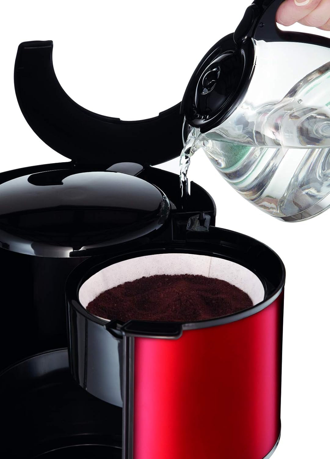 Subito Espressomaschine mit Filter, Glaskaraffe, 10–15 Tassen, Fassungsvermögen 1,25 l, automatische Abschaltfunktion, abnehmbarer Filter, Wasserstandsanzeige, Edelstahl, Rot/Schwarz, FG360D