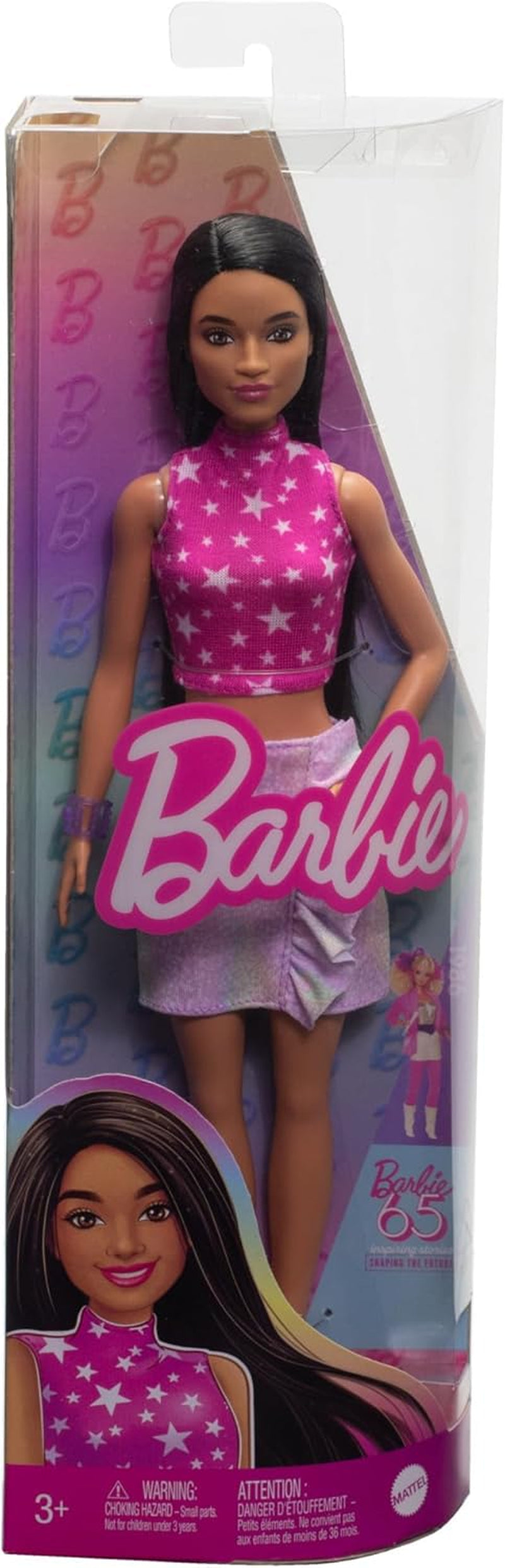 Barbie Fashionistas Puppe Nr. 215 mit glattem schwarzen Haar, rosafarbenem Sternmuster-Oberteil und schillerndem Rock, Sammler-Modepuppe zum 65. Geburtstag HRH13 Naty Shop Dolls