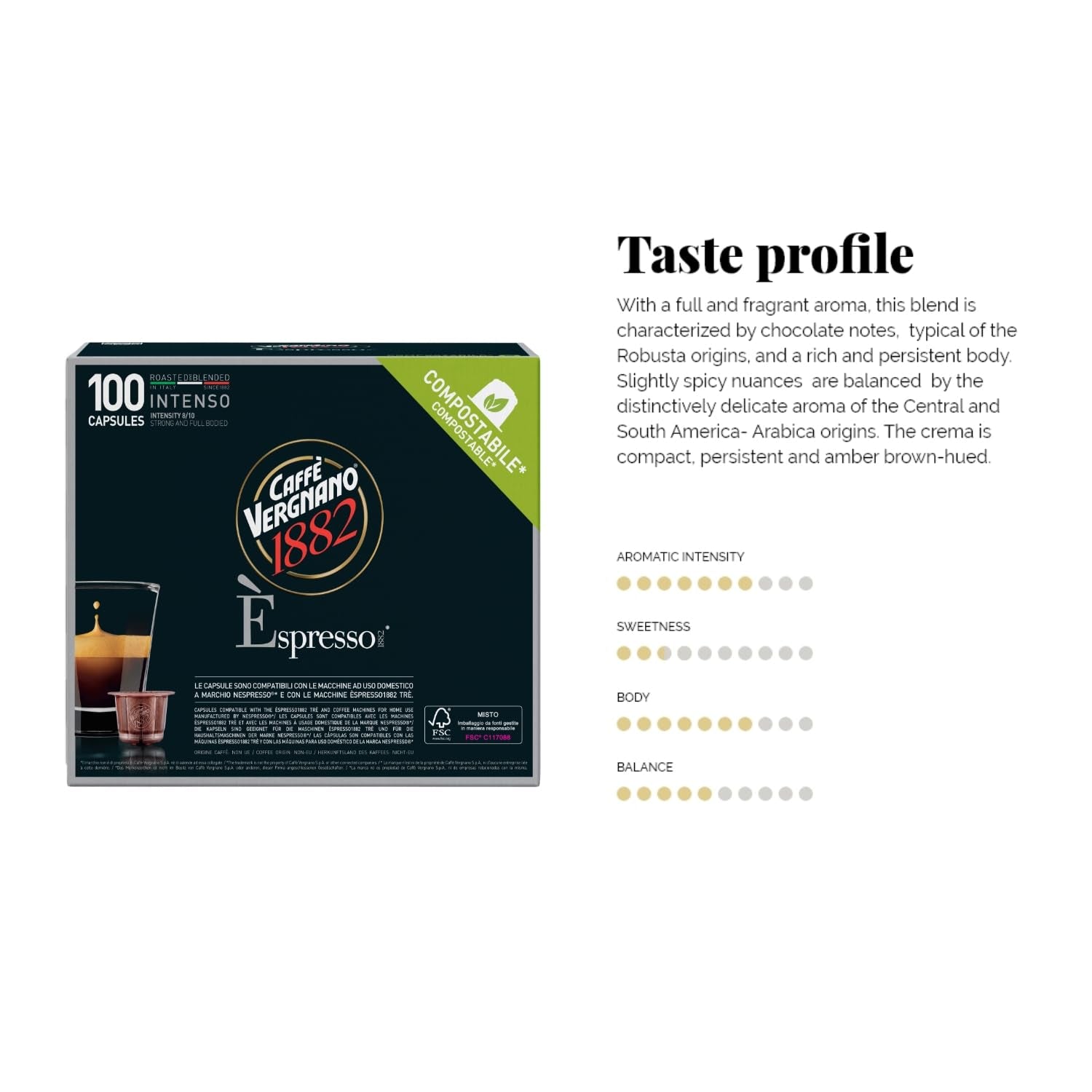 Caffè Vergnano 1882 – Èspresso Kompostierbare Kaffeekapseln, kompatibel mit Nespresso, Intenso (Intenso) – Packung enthält 100 Kapseln