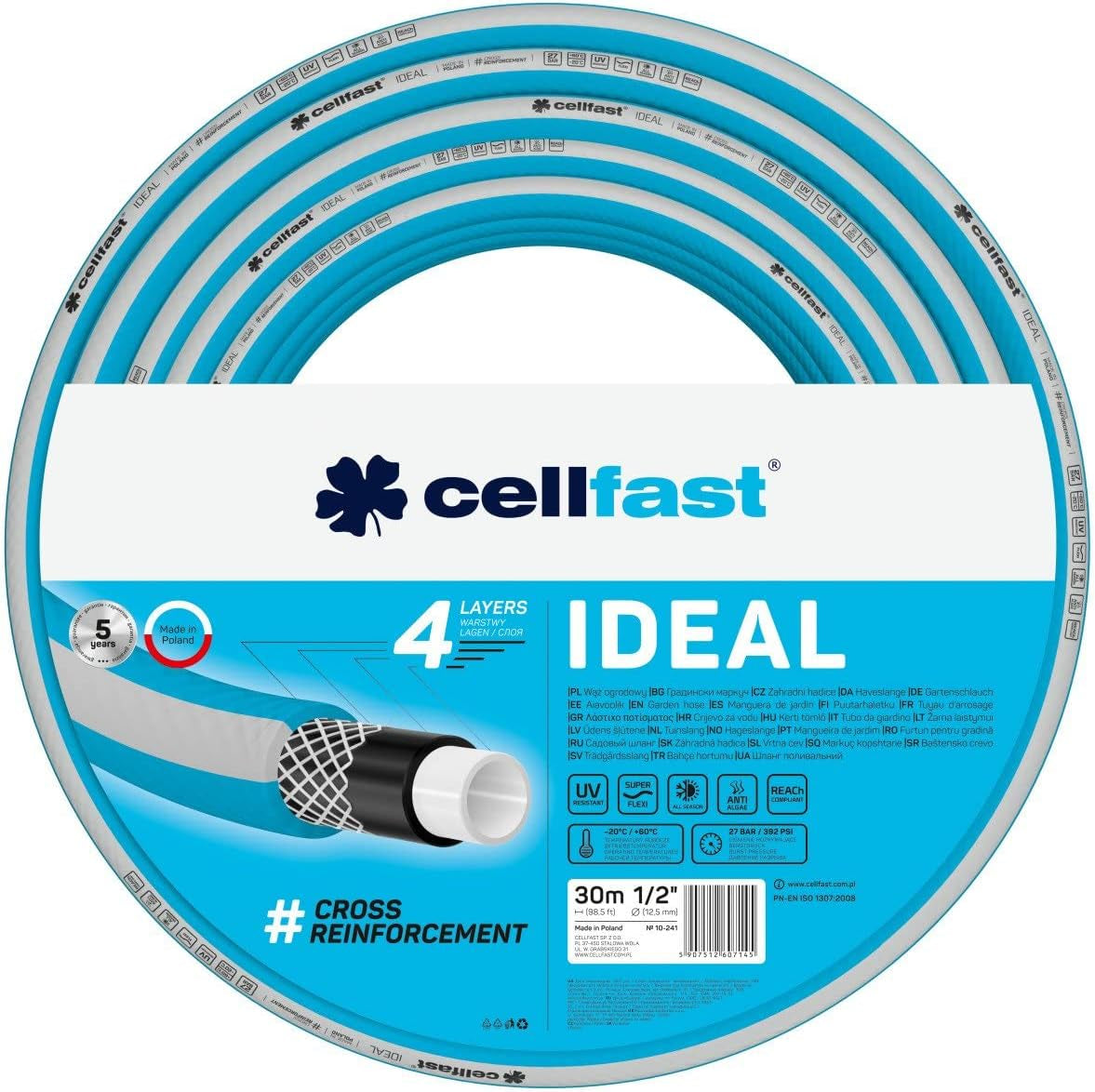 Gartenschlauch Cellfast IDEAL, langlebig, flexibel, 4 Lagen, langlebiges Kreuzgeflecht, UV- und algenbeständig, REACH-Technologie, 27 bar, -20/+60° kurzfristig 1/2", 30m