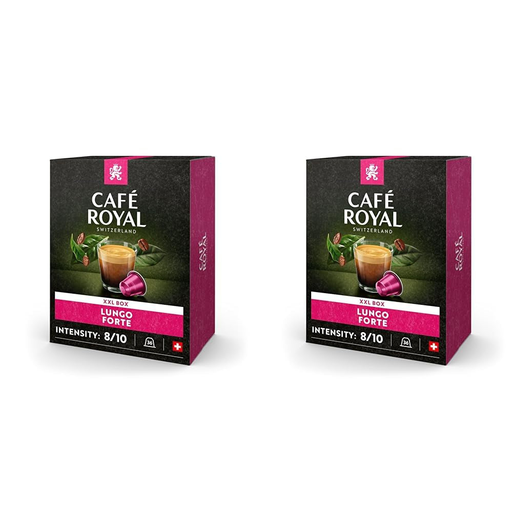 Café Royal Lungo Forte 36 Kapseln für Nespresso Kaffeemaschine – 8/10 Intensität – UTZ-zertifiziert Kaffeekapseln aus Aluminium (Packung mit 2)