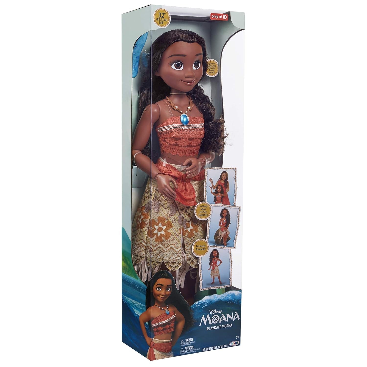 Disney Prinzessin Moana, 80 cm große Spielpuppe von Jakks Pacific, bewegliche Puppe mit Bürste zum Kämmen ihrer gewellten Locken, vom Film inspiriertes Kleid, abnehmbare Anhänger-Halskette, Puppen, Naty Shop
