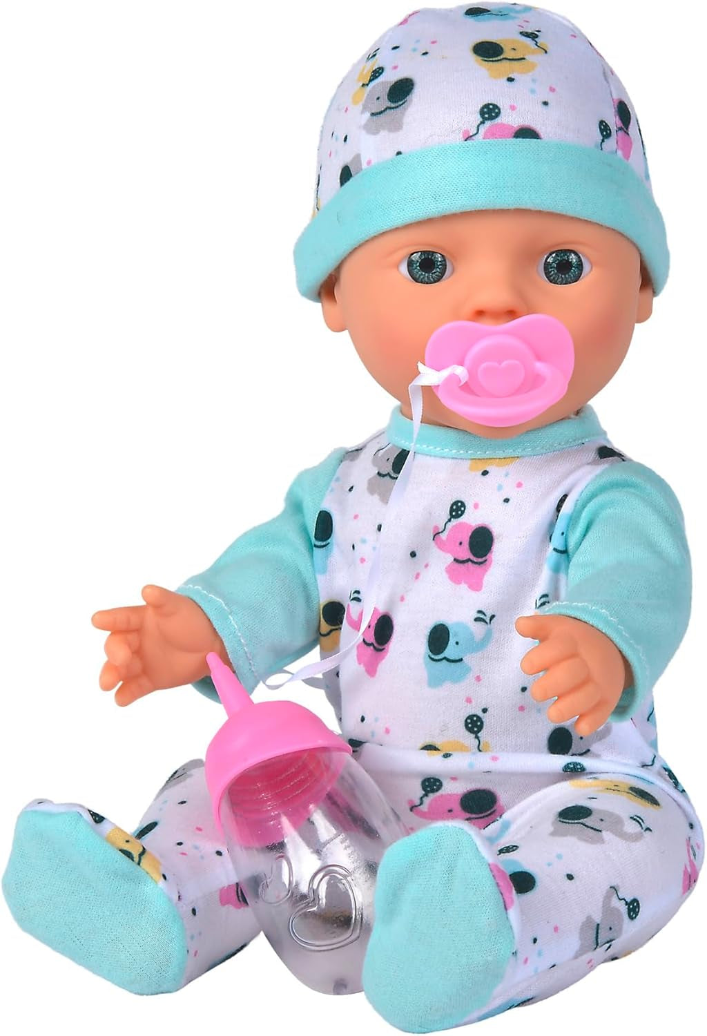 30 cm große Elefanten-Babypuppe aus Vinyl für Neugeborene mit Trink- und Tränkfunktion, Flasche und Schnuller, ab 2 Jahren