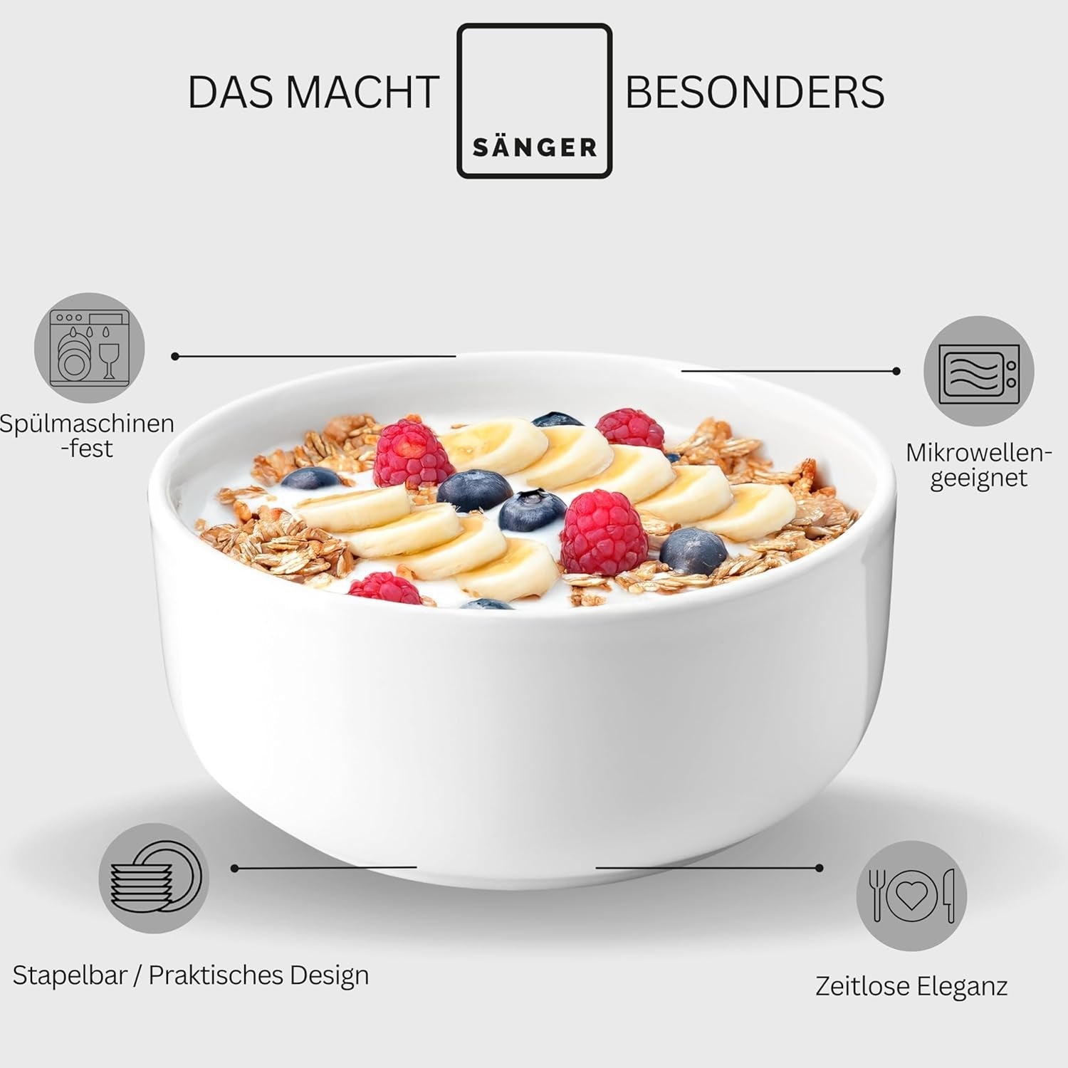 SANGER | Weißes Marlo-Geschirrset, 24-teiliges Geschirrset für 6 Personen mit Desserttellern, Speisetellern, Schüsseln und Müslischalen. Porzellan-Essteller-Set, Geschirr, modernes Design, PREMIUM-KOLLEKTION