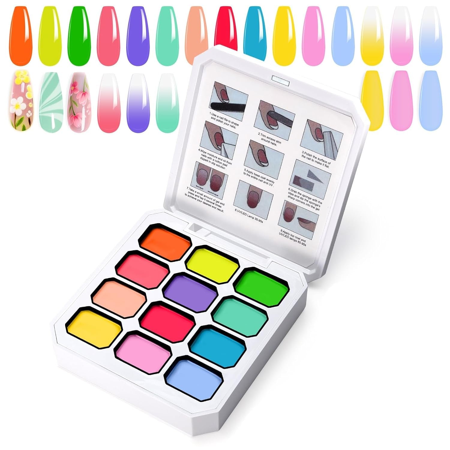 Farbverlaufs-Malgel, 12 Farben, Ombre-Gel-Nagellack mit 100 Nagelschwämmen und 4 Krallen, Metallgreifer für French-Maniküre, DIY-Nagelkunst, Set I