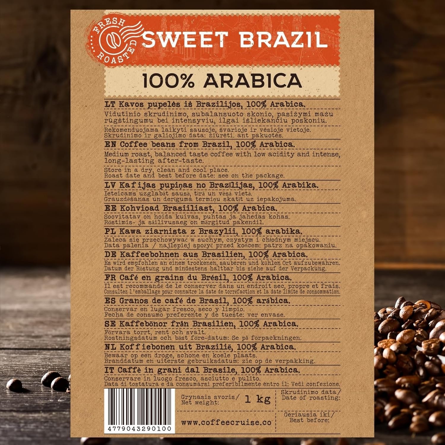 COFFEE CRUISE Sweet Brazil Brasilianische Kaffeebohnen 1kg - Mittlere Röstung - Aroma Kakao und Schokolade - Für alle Kaffeemaschinen - 100% Arabic