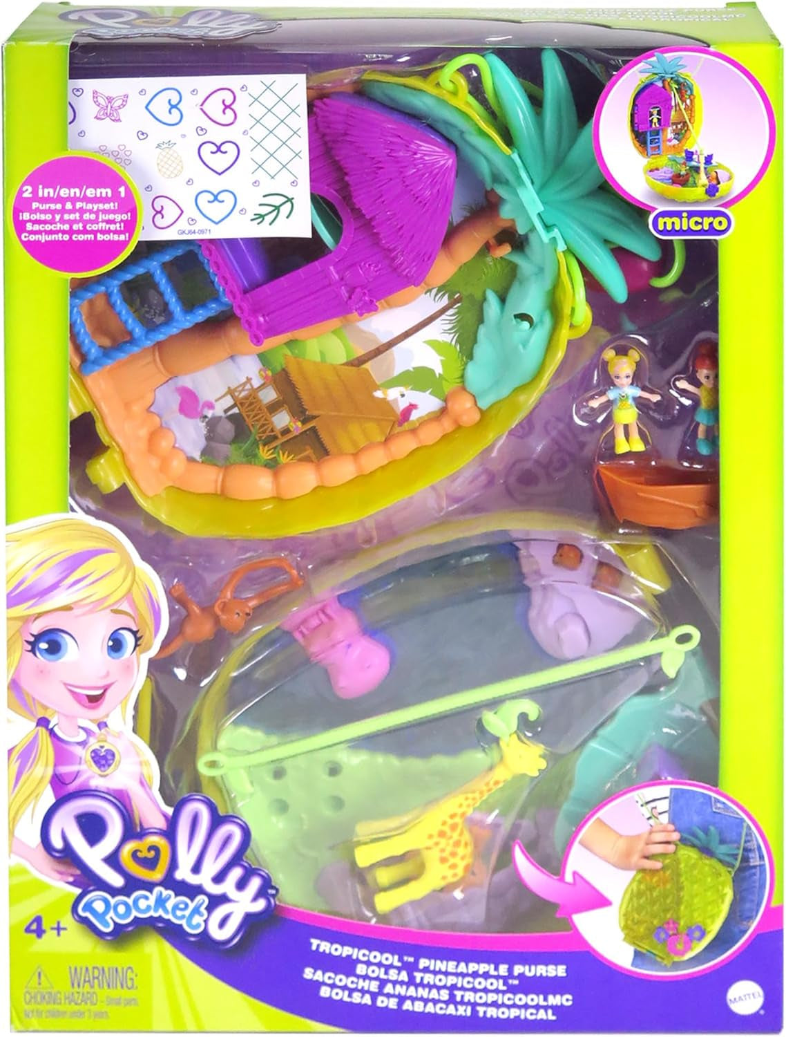 Polly Pocket GKJ64 – Tragbare Ananas-Taschen-Kompaktdose mit 8 lustigen Funktionen, Polly- und Lila-Puppen, 2 Zubehörteilen und Aufkleberbogen; Spielzeug für Kinder ab 4 Jahren