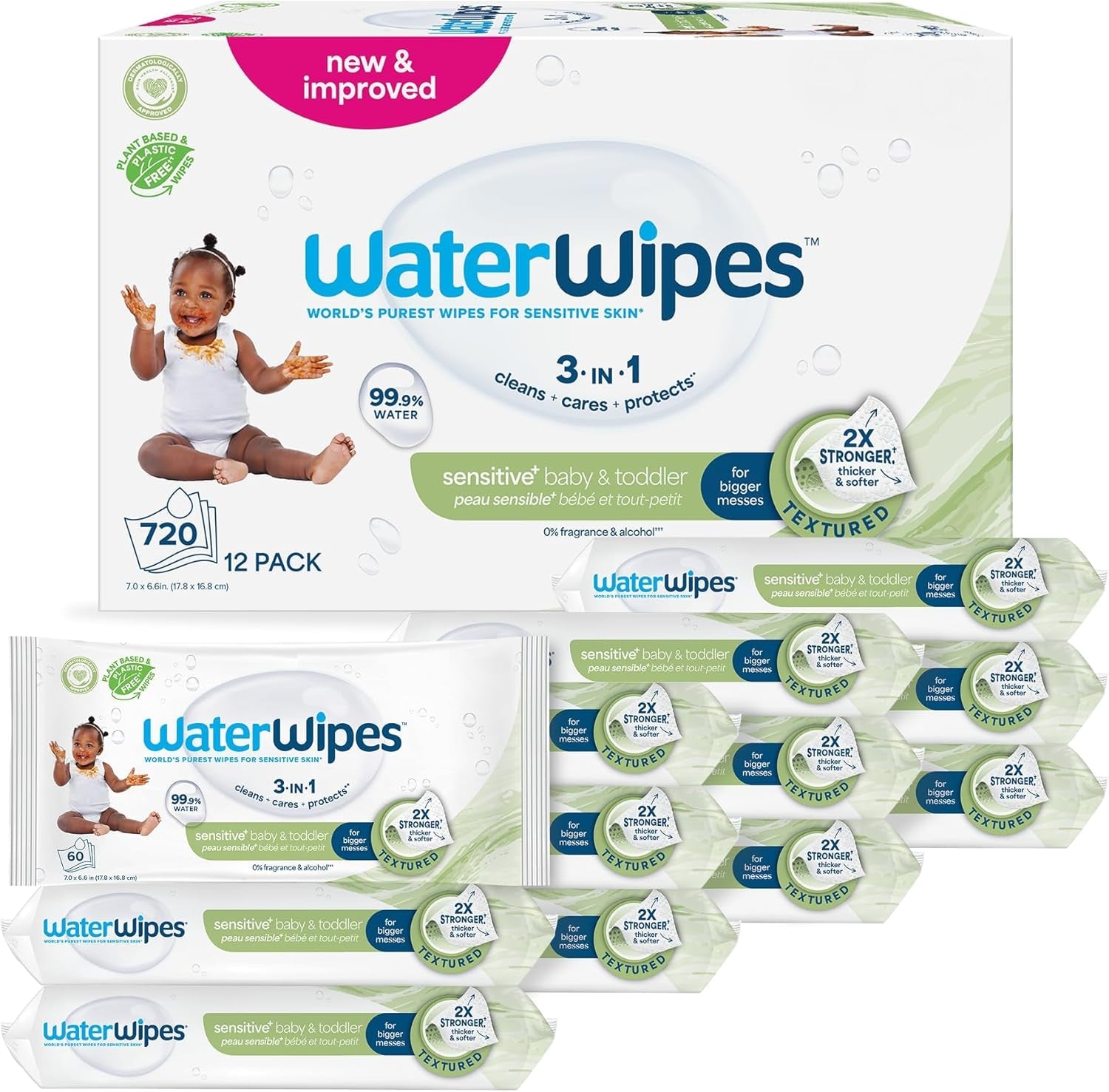 WaterWipes Sensitive+ Feuchttücher für Babys und Kleinkinder, 720 Stück (12er-Pack), 3-in-1-Reinigung, Pflege, Schutz, 99,9 % Wasser, strukturierte Reinigung, parfümfrei