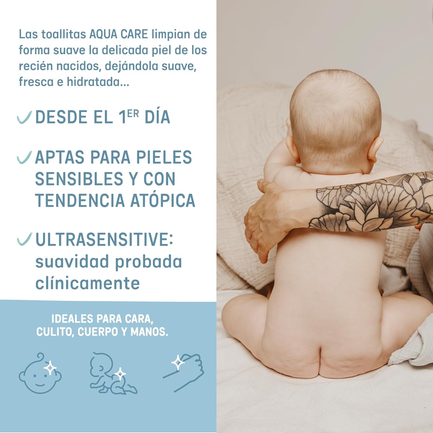 Suavinex Aqua Care Baby-Feuchttücher, 60 Stück, Reinigungstücher, 99 % Wasser, Pflanzenfaser, Aloe Vera, parfümfrei, alkoholfrei, dermatologisch getestet, geeignet für empfindliche Haut