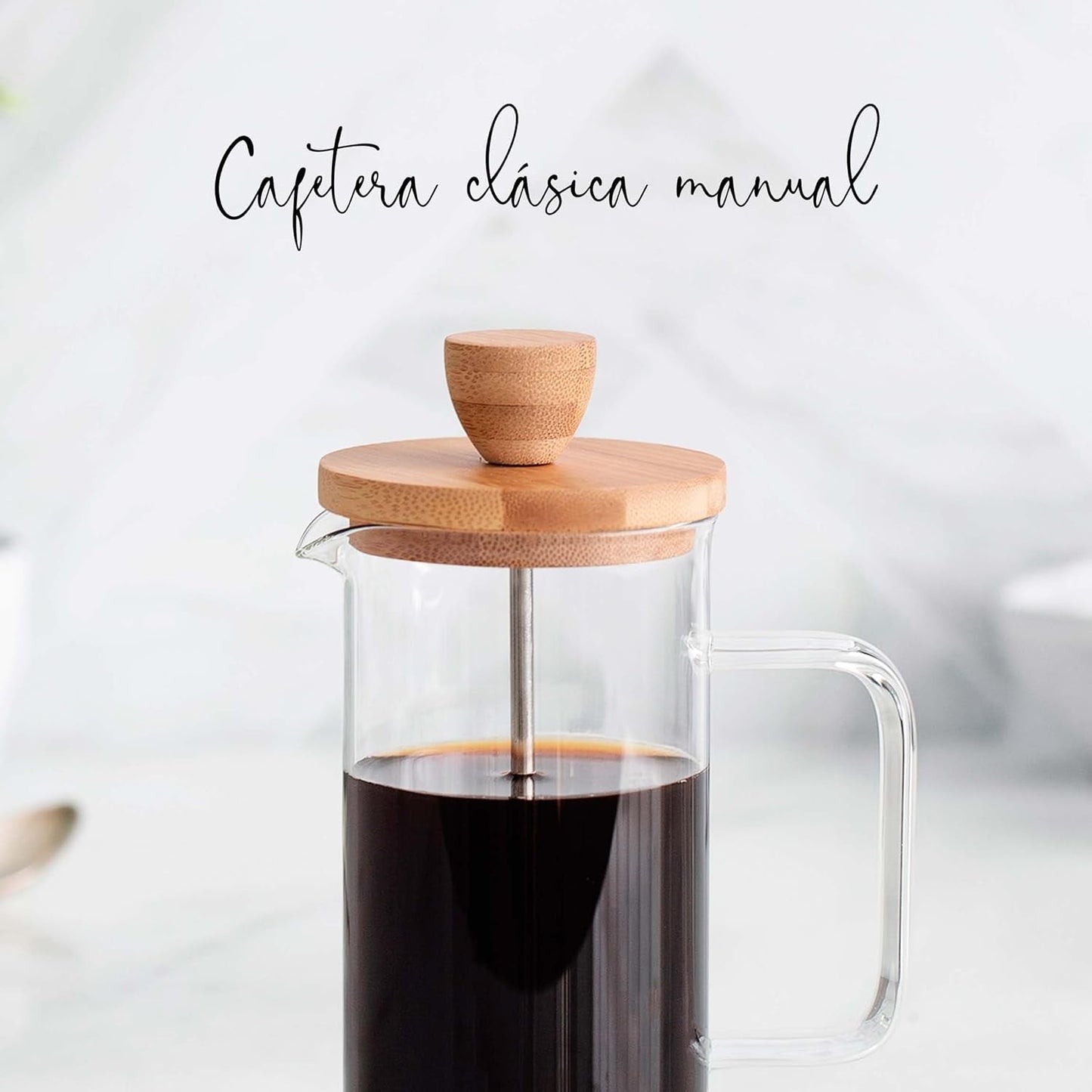 Französische Kaffeemaschine, Kaffeepresse, Kolbenkaffeemaschine, französische Filterkaffeekanne, 3 Tassen, 0,35 l, Stahl und Holz