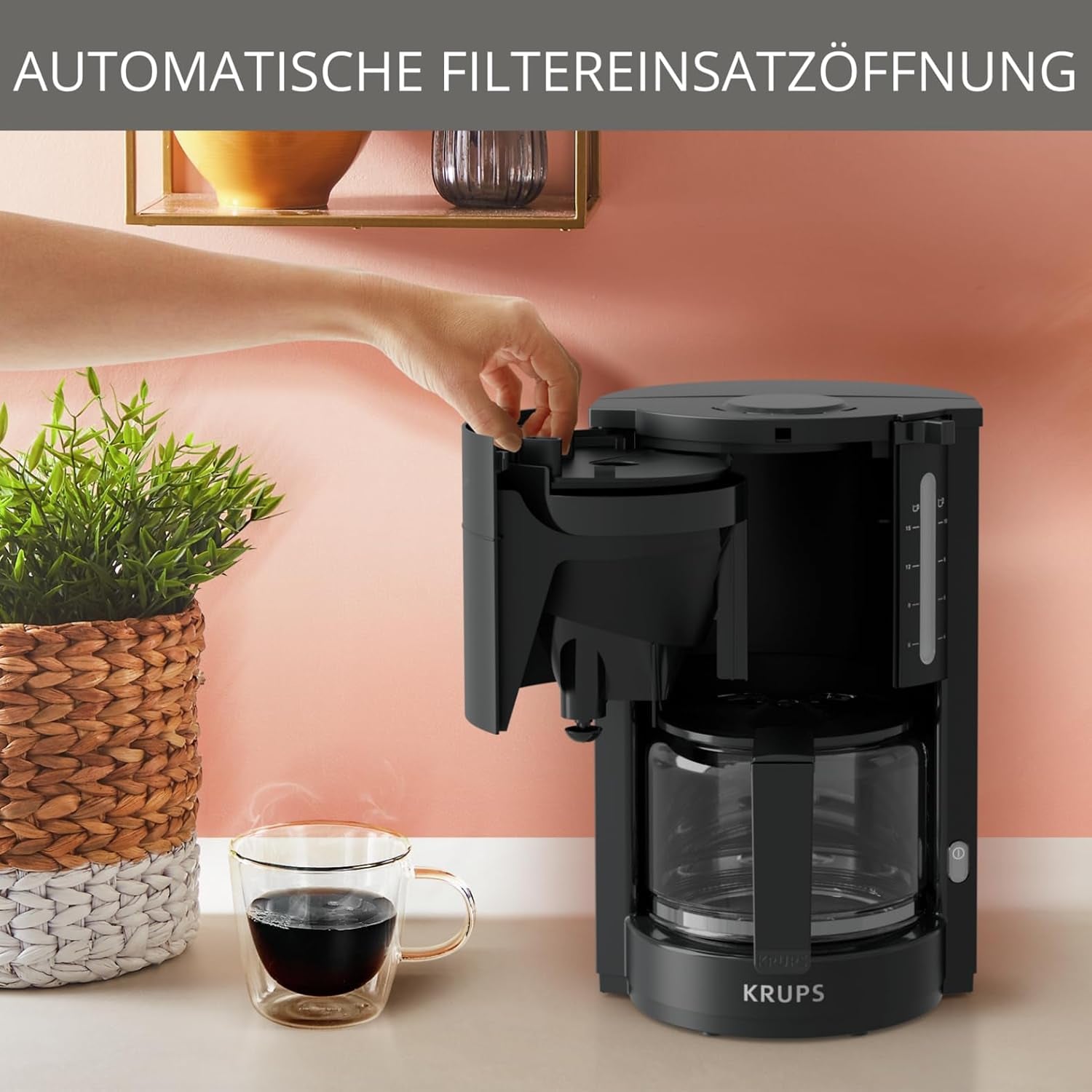 Krups F30908 ProAroma Espressomaschine mit Filter und Glaskaraffe, Fassungsvermögen 1,25 l, 10-15 Tassen, 1050 W, schwarz