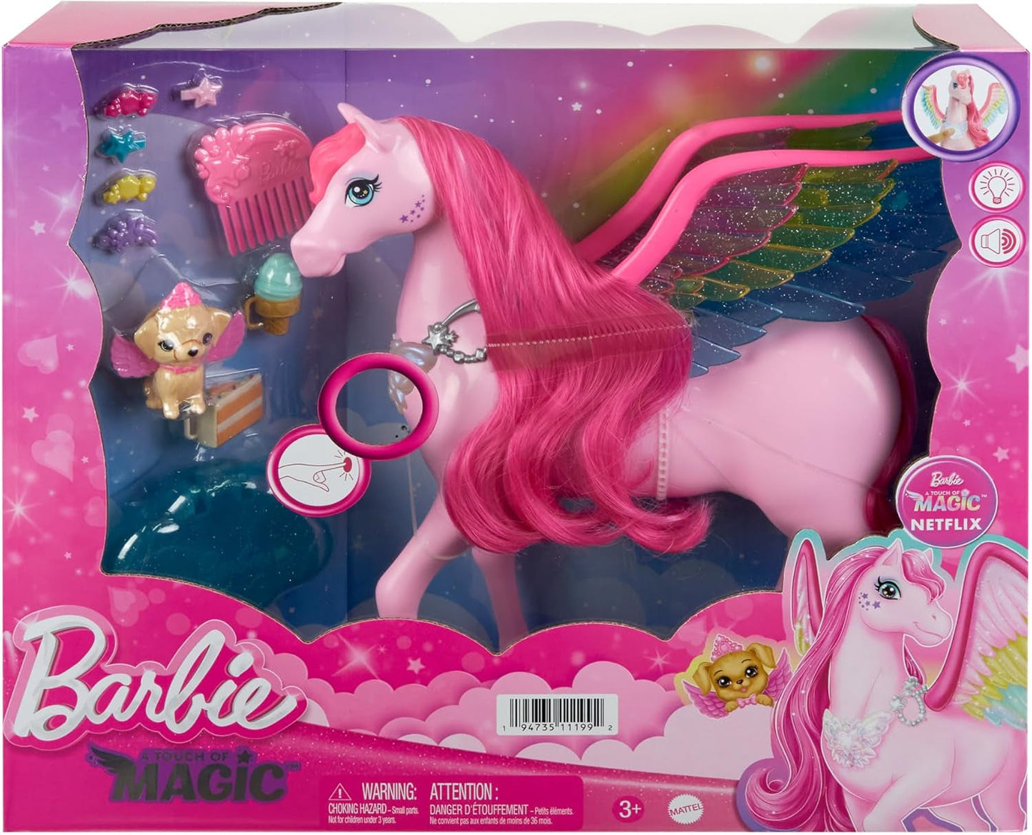 Barbie Pegasus Magic Hide and Seek – Interaktives Spielzeug mit Lichtern und Geräuschen, 10 Zubehörteilen, Regenbogenflügeln, für Kinder ab 3 Jahren, HLC41