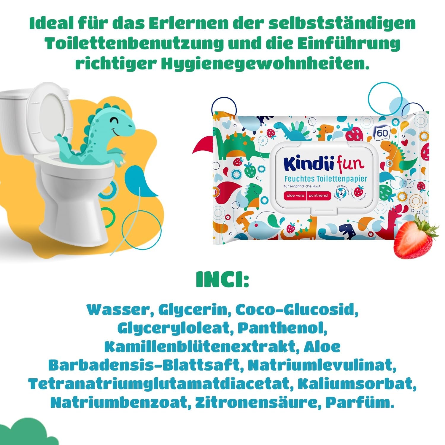 Kindii Fun Nasses Toilettenpapier – (10 x 60 Stück) Nasses Toilettenpapier – Kamille, Aloe Vera, pH-neutral, wasserbar, erfrischt den Intimbereich – 600 Stück