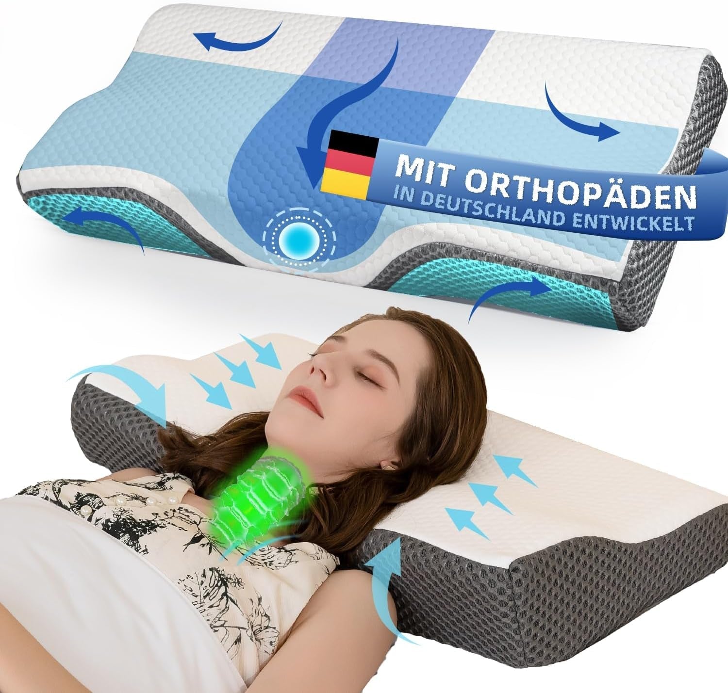 Nackenschmerzkissen, ergonomisches orthopädisches Nackenkissen, Memory-Schaum-Kissen für seitlichen Rücken und Bauch, Anti-Schnarch-Kissen für Männer und Frauen (62 x 34,5 x 12/8 cm). Orthopädische Halskissen von Naty Shop