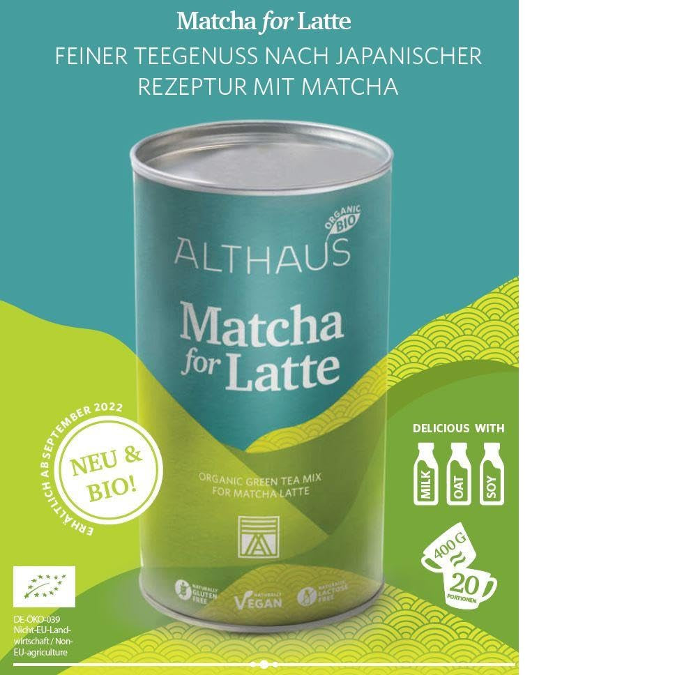 Matcha für Latte Grünteemischung mit Rohrzucker, 400g, vegan, für 20 Portionen