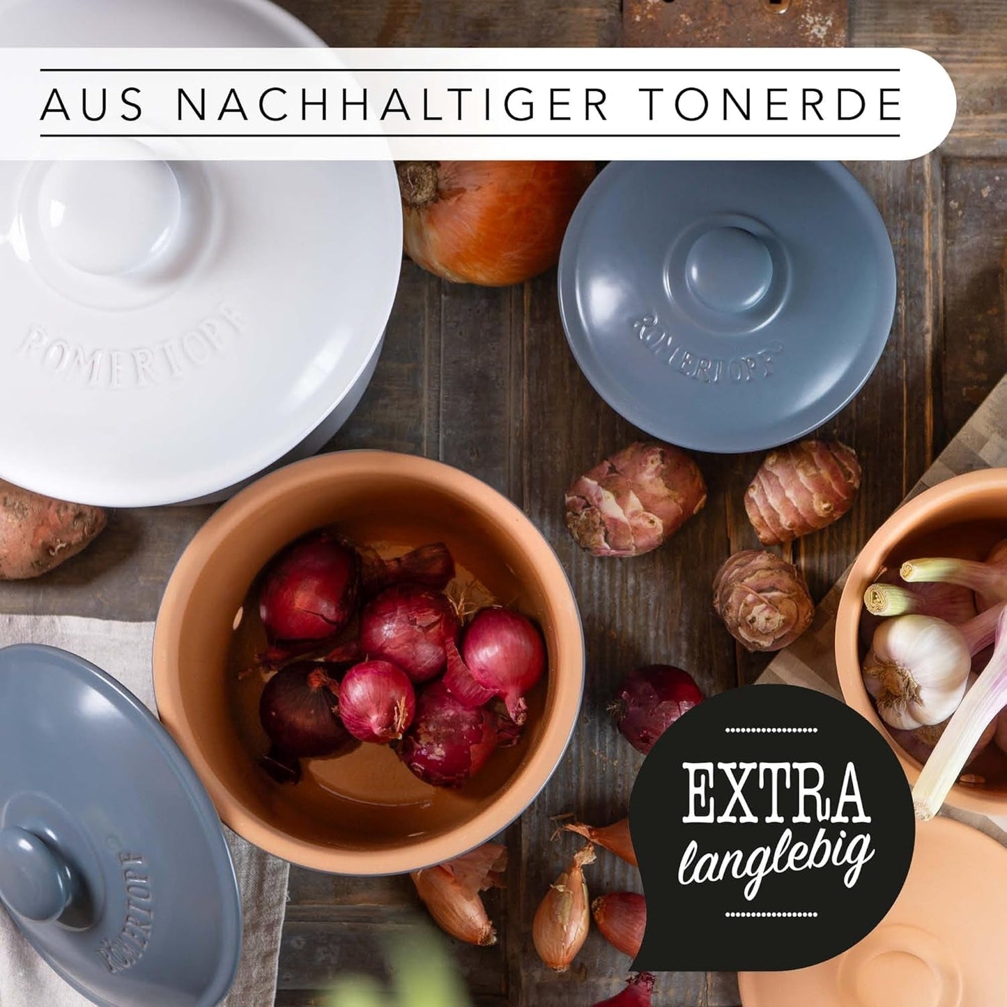 Römertopf Knoblauchtopf Frischetopf aus Naturton für eine lange Haltbarkeit von Lebensmitteln wie Knoblauch Ø 12,5 cm weiß Frischhaltedosen Naty Shop