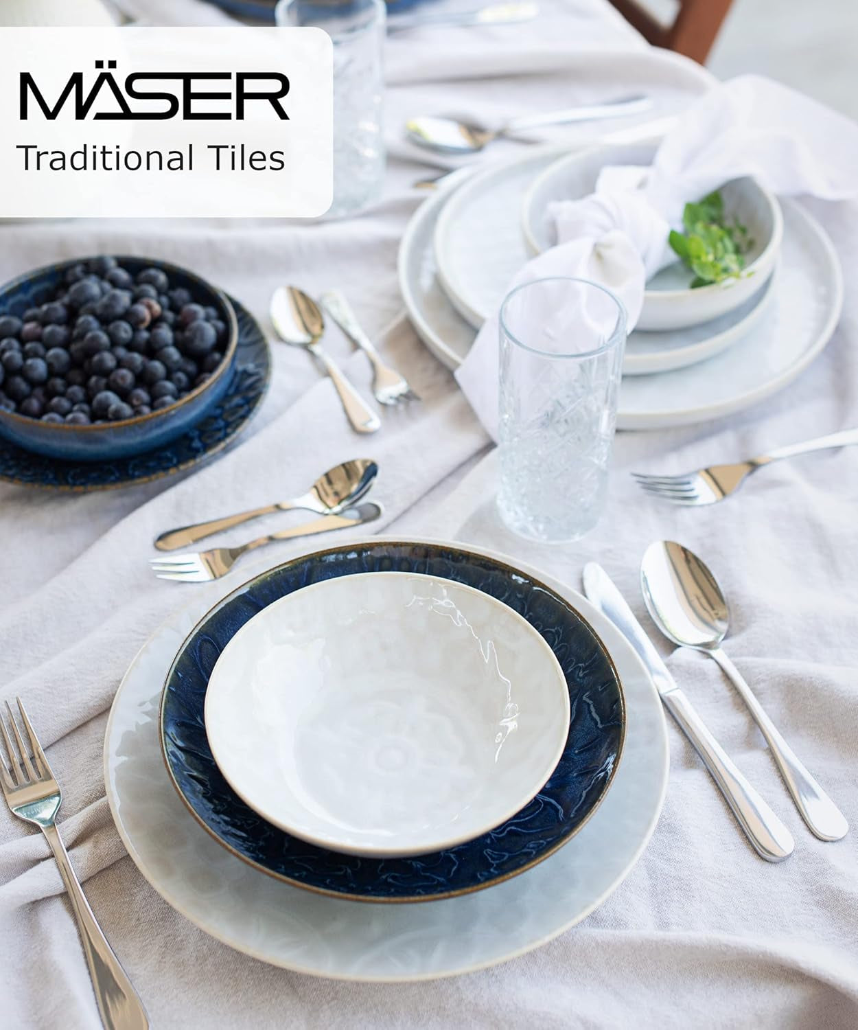 MÄSER 935079 Modernes Vintage-Geschirrset für 2 Personen, maurisches Design, 8-teiliges Tischservice, hochwertige Keramikteller und -schalen, Steinzeug, weiß