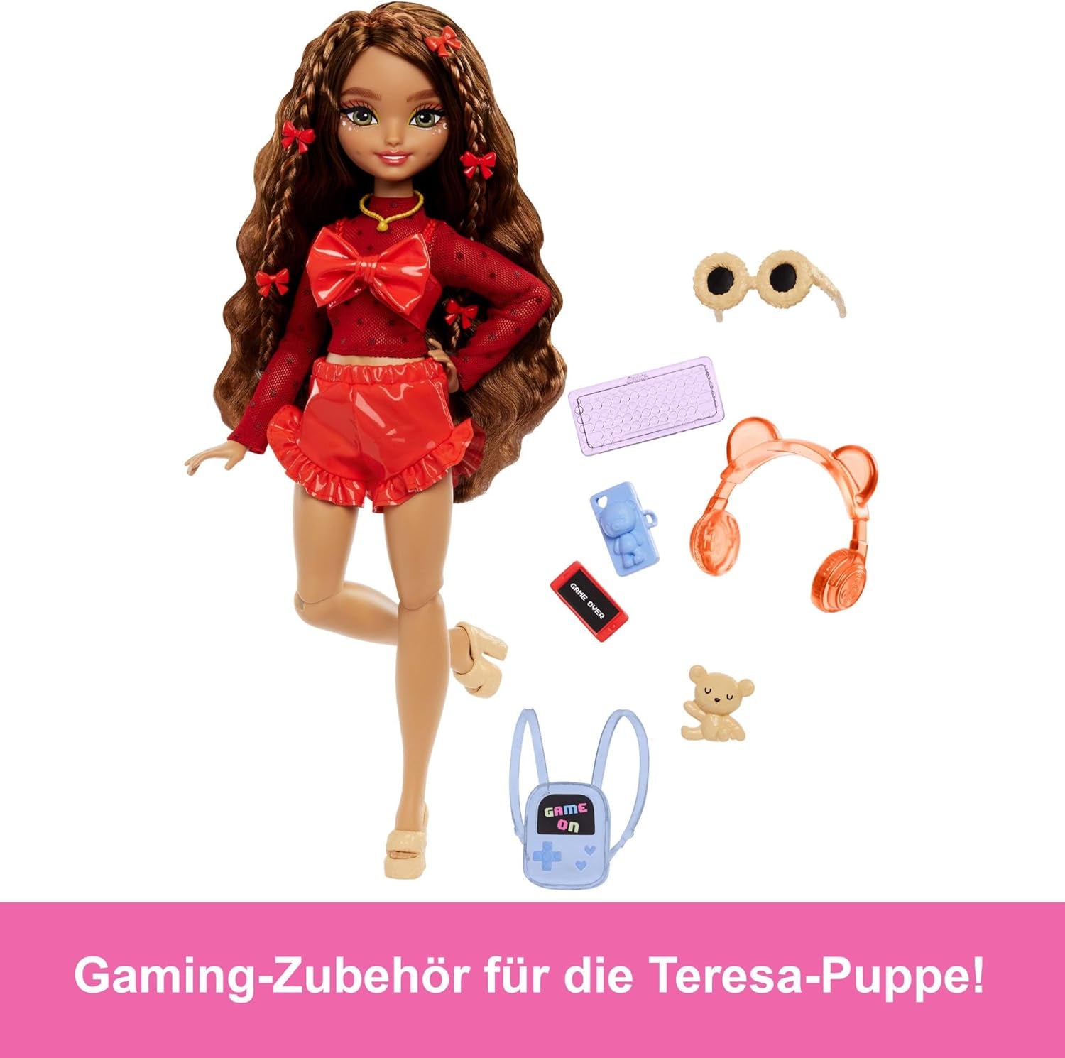 Barbie Dream Besties-Puppe und Zubehör, bewegliche Teresa-Modepuppe mit braunem Haar und Haarspangen, 10-teiliges Videospiel-Thema, HYC23 Naty Shop-Puppen
