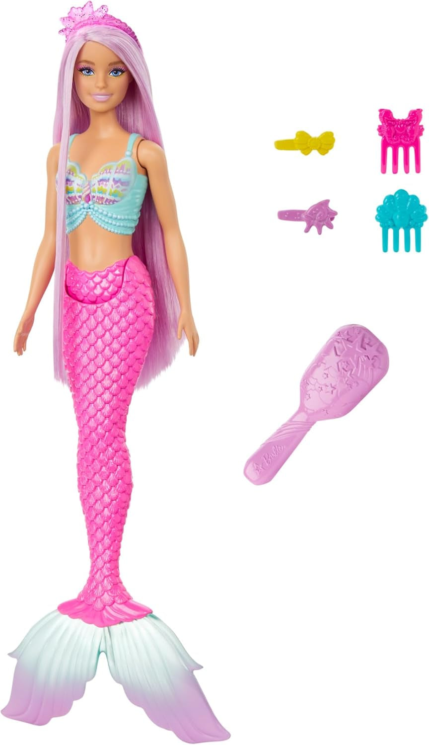 Barbie-Meerjungfrau-Puppe – mit langen rosa Haaren und individuellen Styling-Accessoires, einschließlich Bürste, hübscher Muschelspitze und rosa Schwanzflosse, ab 3 Jahren, 00 HRR