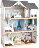 Small Foot Puppenhaus 3-stöckiges Stadthaus aus Holz mit offener Vorderseite und 12 Möbeln für Kinder ab 3 Jahren 11802 Weiß Grau Puppenhäuser Naty Shop Stadthaus