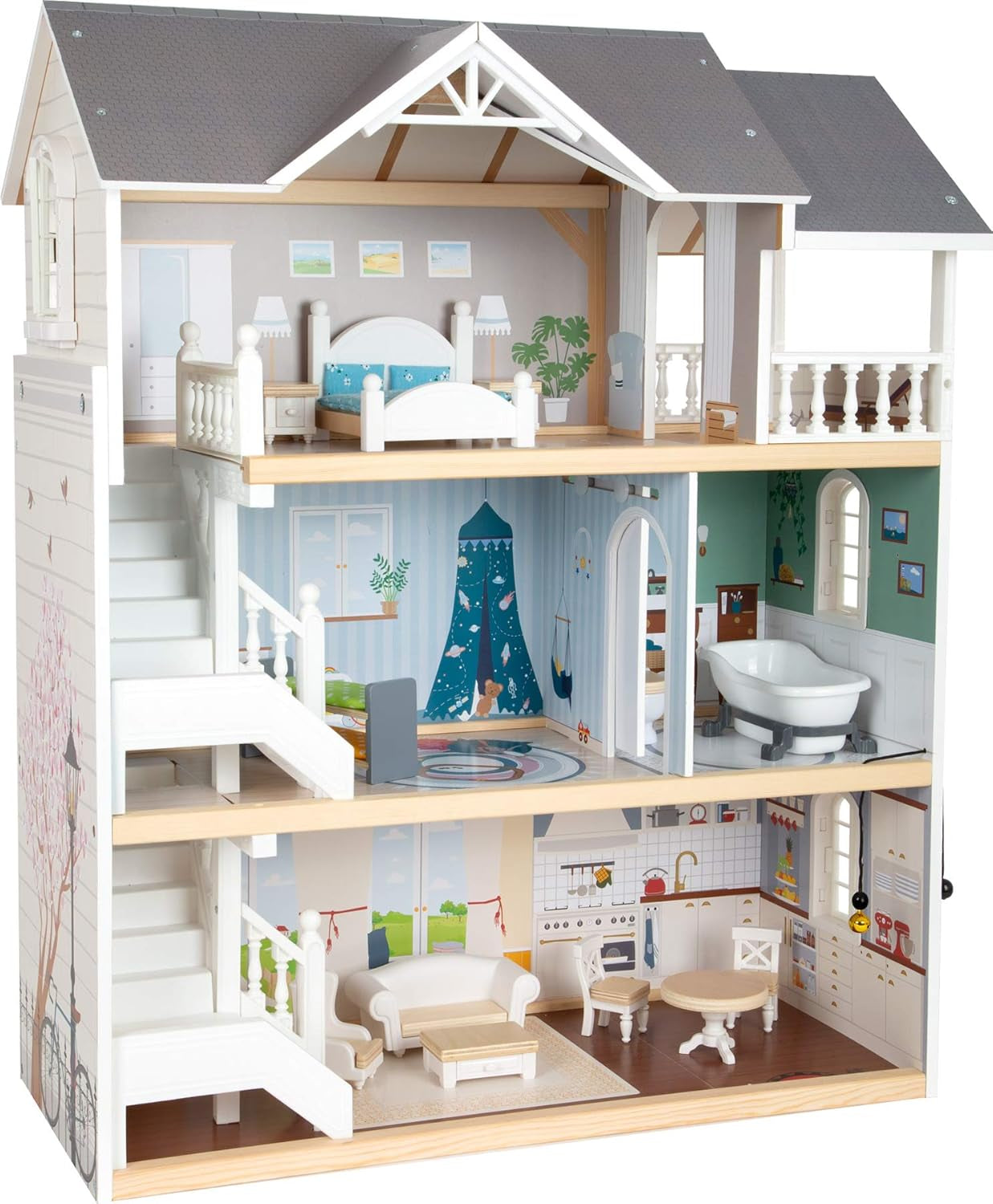 Small Foot 3-stöckiges Puppenhaus aus Holz mit offener Vorderseite und 12 Möbelstücken für Kinder ab 3 Jahren, 11802, Weißgrau