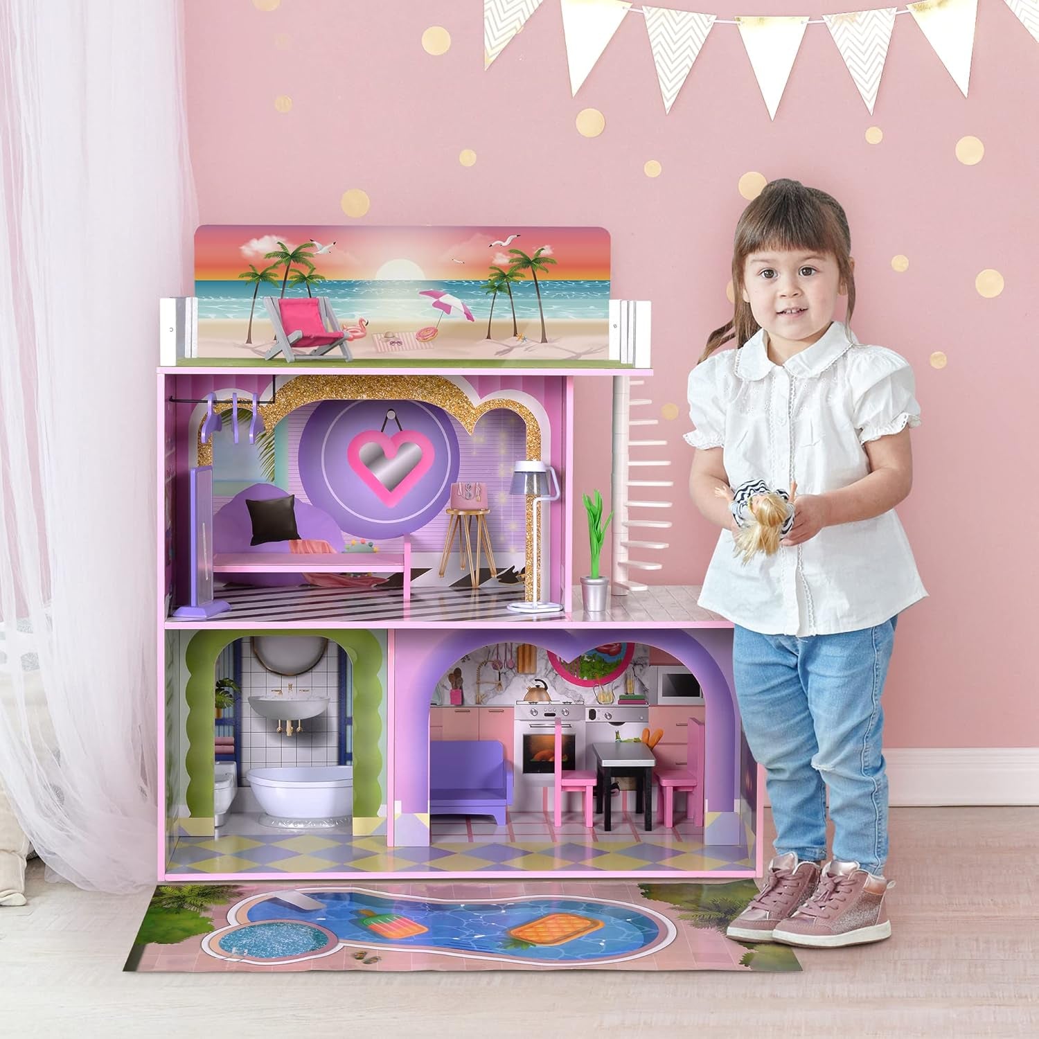 Olivia's Little World Big Dreamland Sunset Modernes, dreistöckiges, interaktives Puppenhaus aus Holz für Kinder mit 16 Puppenmöbelzubehör, mehrfarbig, TD-13616A