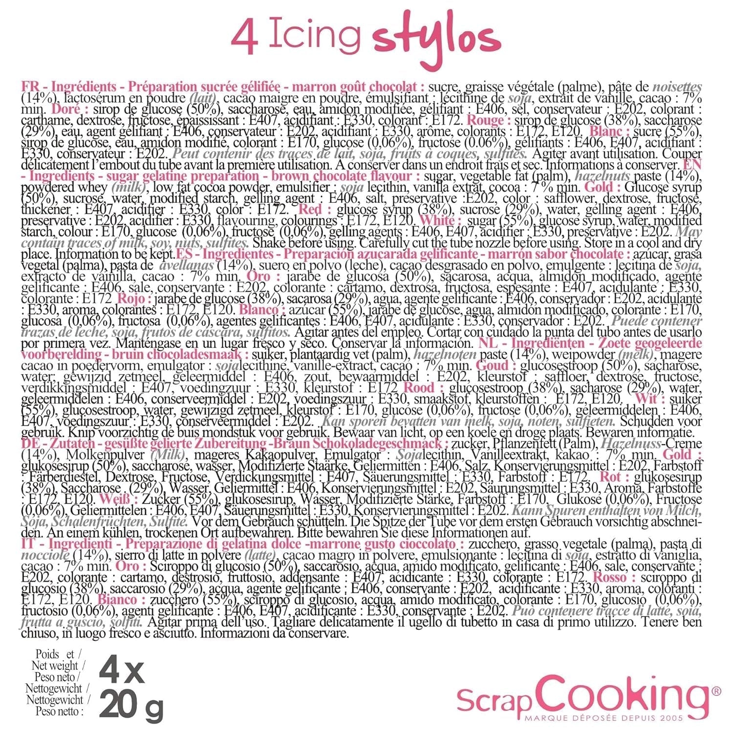 Scrapcooking – 4-teilige Marker: Gold, Schokolade, Weiß und Rot – dekorative essbare Stifte zum Schreiben und Zeichnen auf Desserts, Kuchen und Keksen