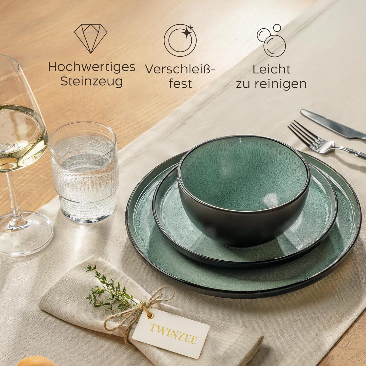 Twinzee 24-teiliges Steinzeug-Geschirrset für 6 Personen – Schüssel- und Teller-Set – mikrowellengeeignetes Steingut – Riviera-Kollektion