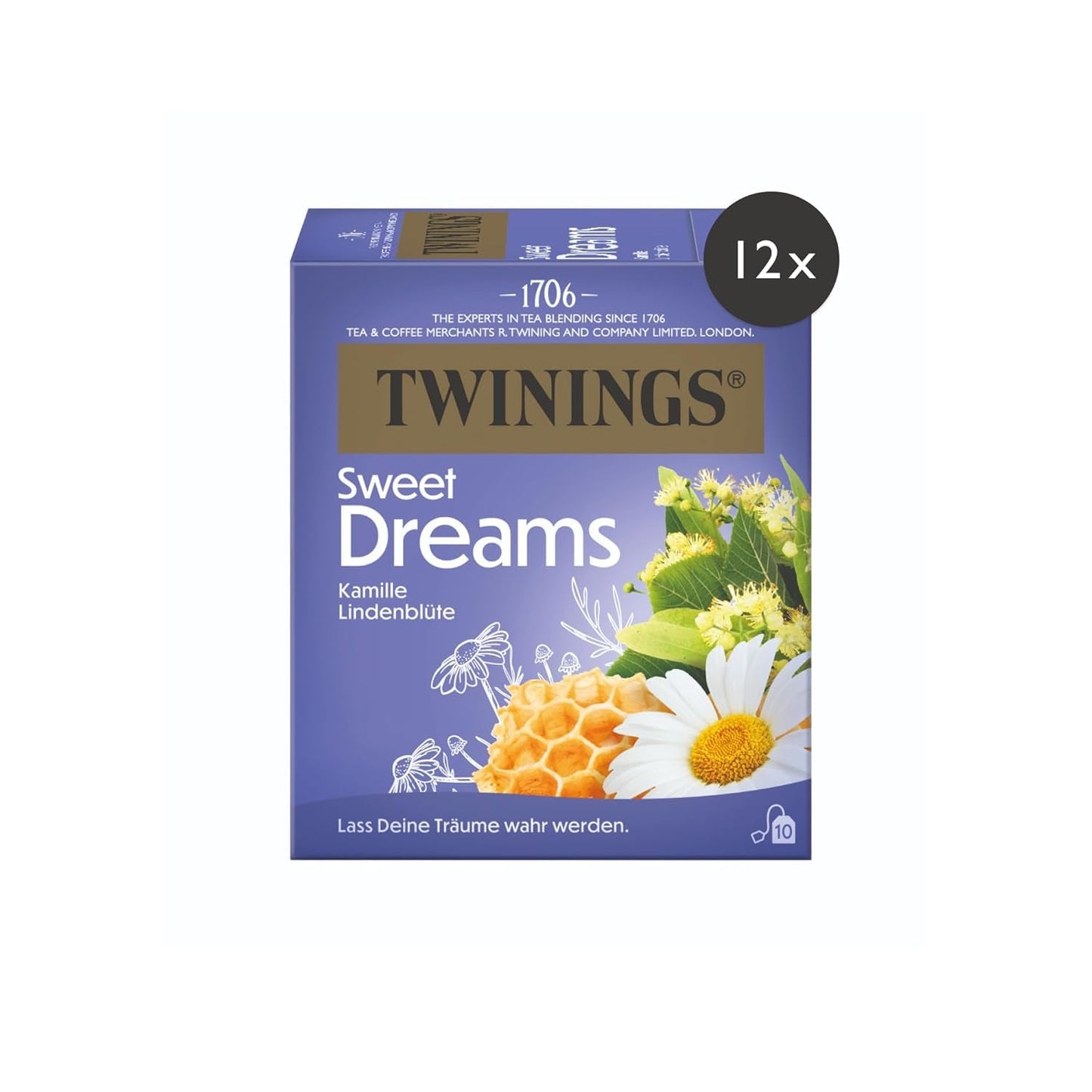 Twinings SWEET DREAMS Kamillentee mit Honig, Orange und Limettenblüten – Süße Kräuterteemischung zur natürlichen Schlafverbesserung, 12er-Pack (je 10 Teebeutel)
