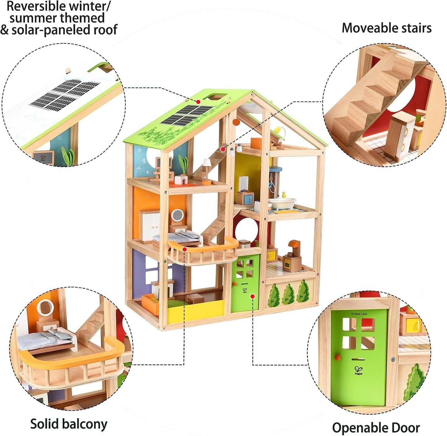 Hape Four Seasons Puppenhaus – preisgekröntes dreistöckiges Puppenhaus aus Holz mit Möbeln, Zubehör, Schiebetreppe und Wendedach für alle Jahreszeiten, für Kinder ab 3 Jahren