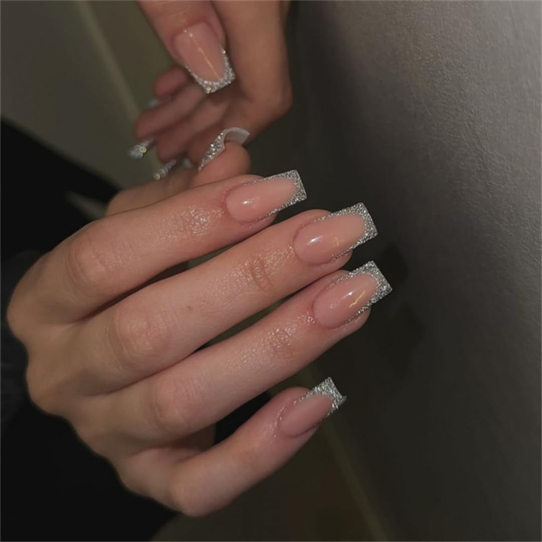 Lange French Tips Gold Glitzer Kleber auf langen quadratischen Nägeln Glitzer French Tip Falsche Nägel Set Quadratische künstliche Nägel für Frauen 24 Stück