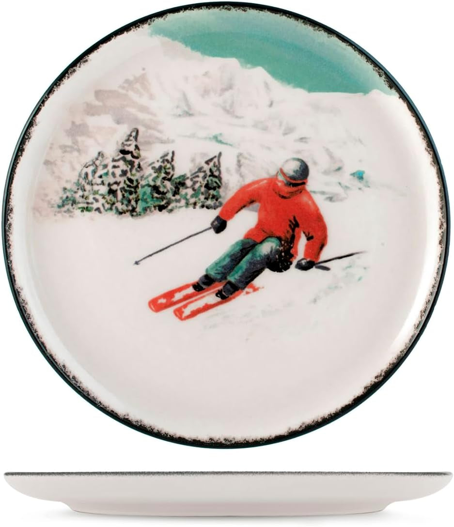 Winter Escape 12-teiliges Weihnachtsgeschirr-Set aus Steinzeug – nordisches Winter-Skifahrer-Design – spülmaschinen- und mikrowellenfest