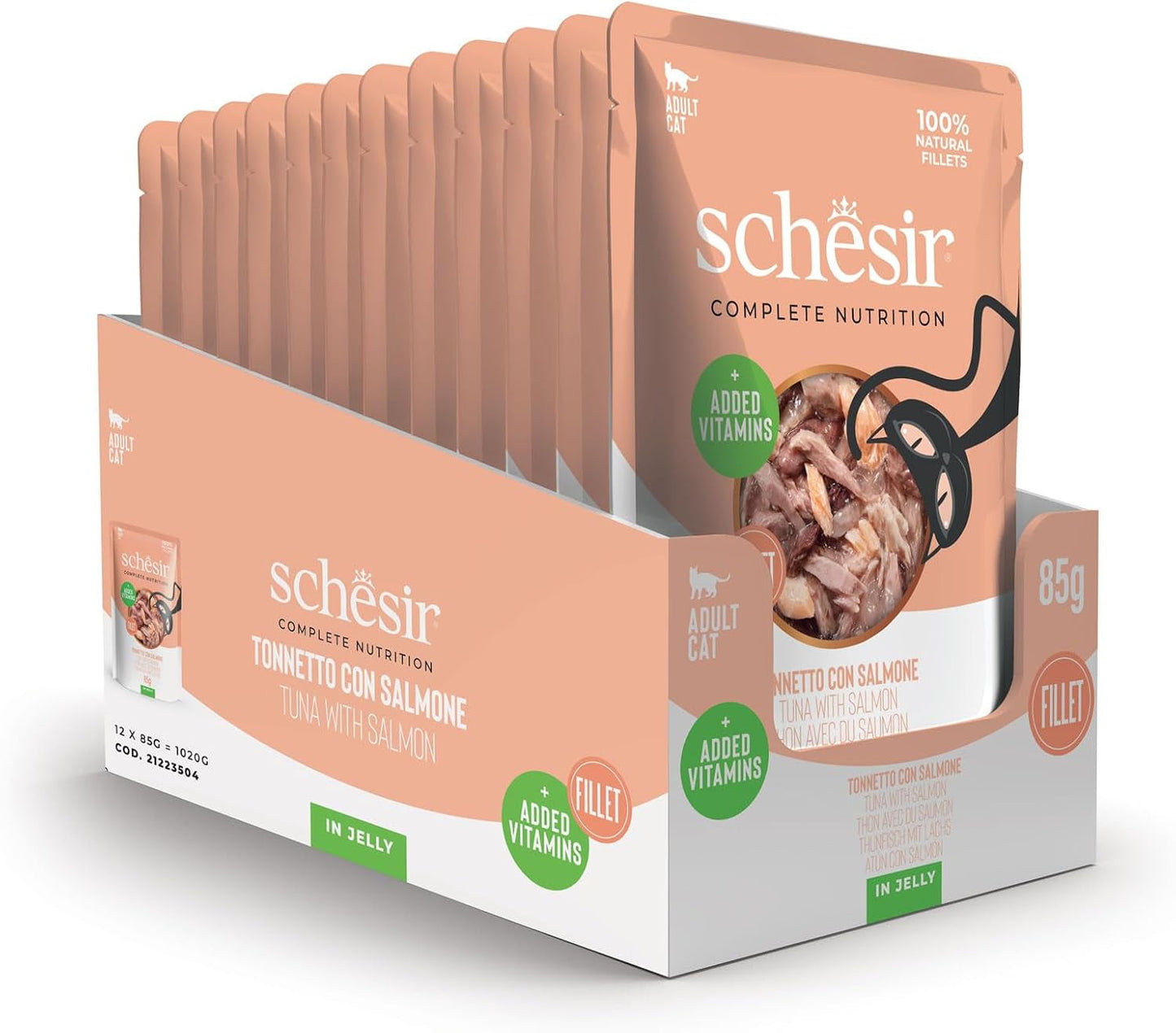 , Tunfisch mit Lachs in Gelee, komplettes Nassfutter für Katzen, im Beutel, 100% natürliche Inhaltsstoffe, tierversuchsfrei, 12 x 85 g