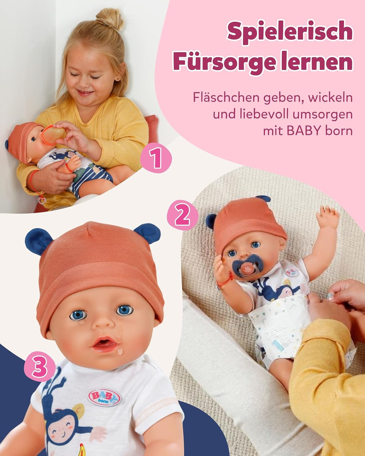 BABY Born Emma im Dschungel-Stil – Puppe 43 cm groß – 10 Funktionen. Inklusive Zubehör und Kleid in Unisex-Farben – Funktioniert ohne Batterien – Geeignet für Kinder ab 3 Jahren. Naty Shop Dolls