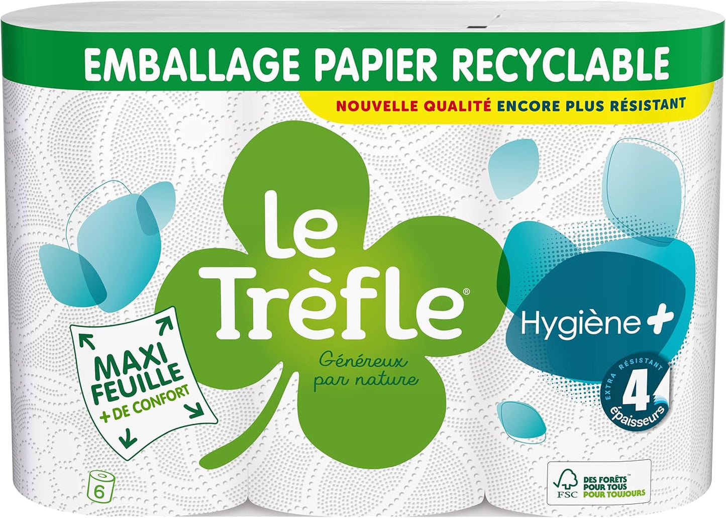 Le Trefoil Hygiene + Toilettenpapier, 6 Rollen, 4 Stärken (2er-Pack)