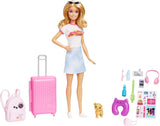 Barbie-Puppe, Reise-Barbie mit blonden Haaren, 10+ Reisezubehör, Aufkleber, Koffer, Welpe, inklusive 1 Puppe, Kindergeschenk, Spielzeug ab 3 Jahren, HJY18