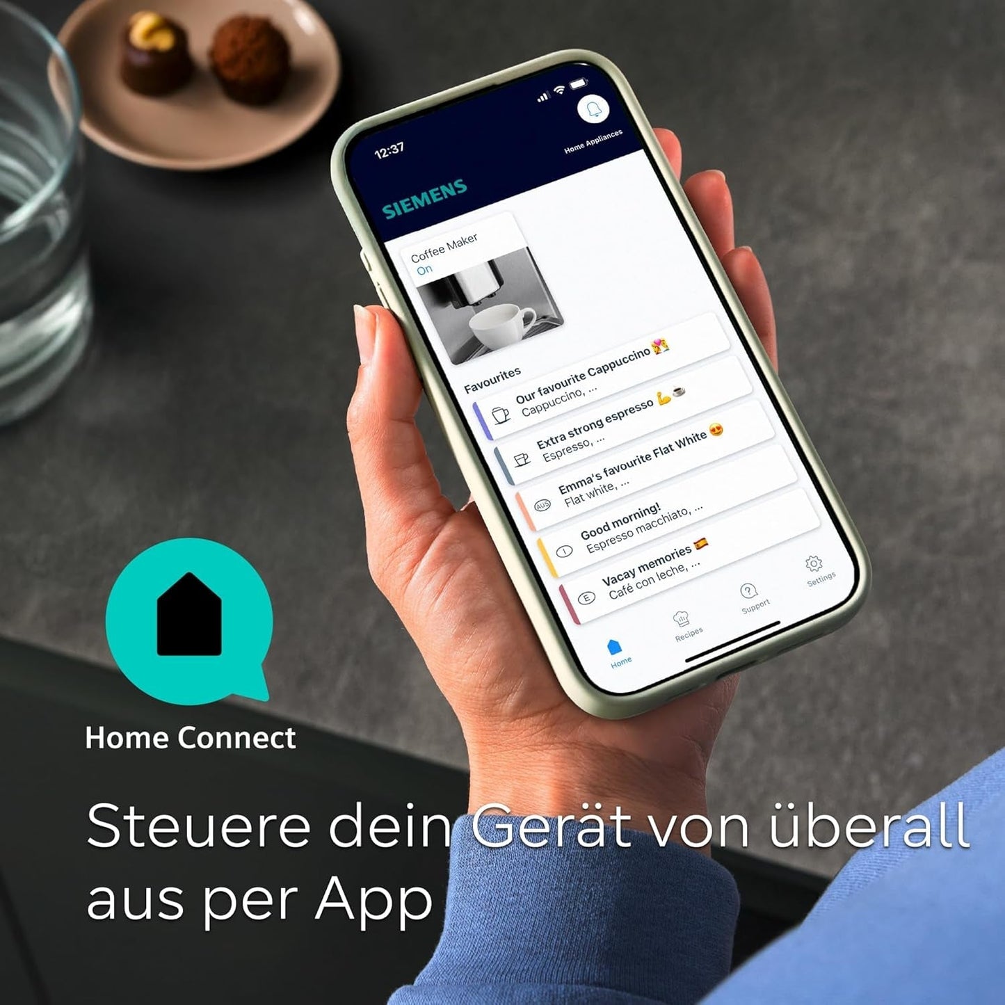 Siemens EQ700 Espressovollautomat, großer Farb-TFT-Bildschirm, 36 Heiß- und Kaltgetränke, Kaltbrühen, 2-Tassen-Funktion, App-Steuerung, automatisches Reinigungssystem, schwarzer Edelstahl, TQ717D03