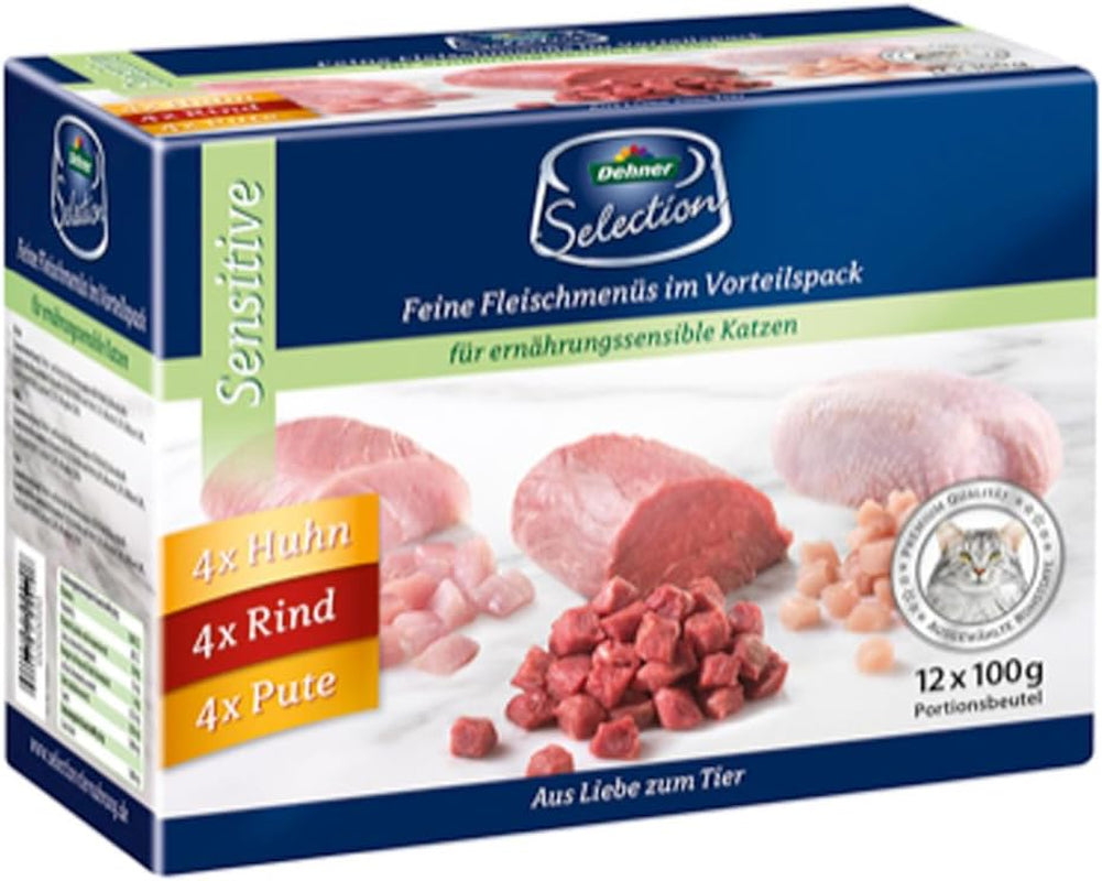 Dehner Premium Katzenfutter Sensitive Multipack, Nassfutter, für ernährungsempfindliche Katzen, je 4 x Huhn / Rind / Pute, 12 x 100 g Beutel (1,2 kg)