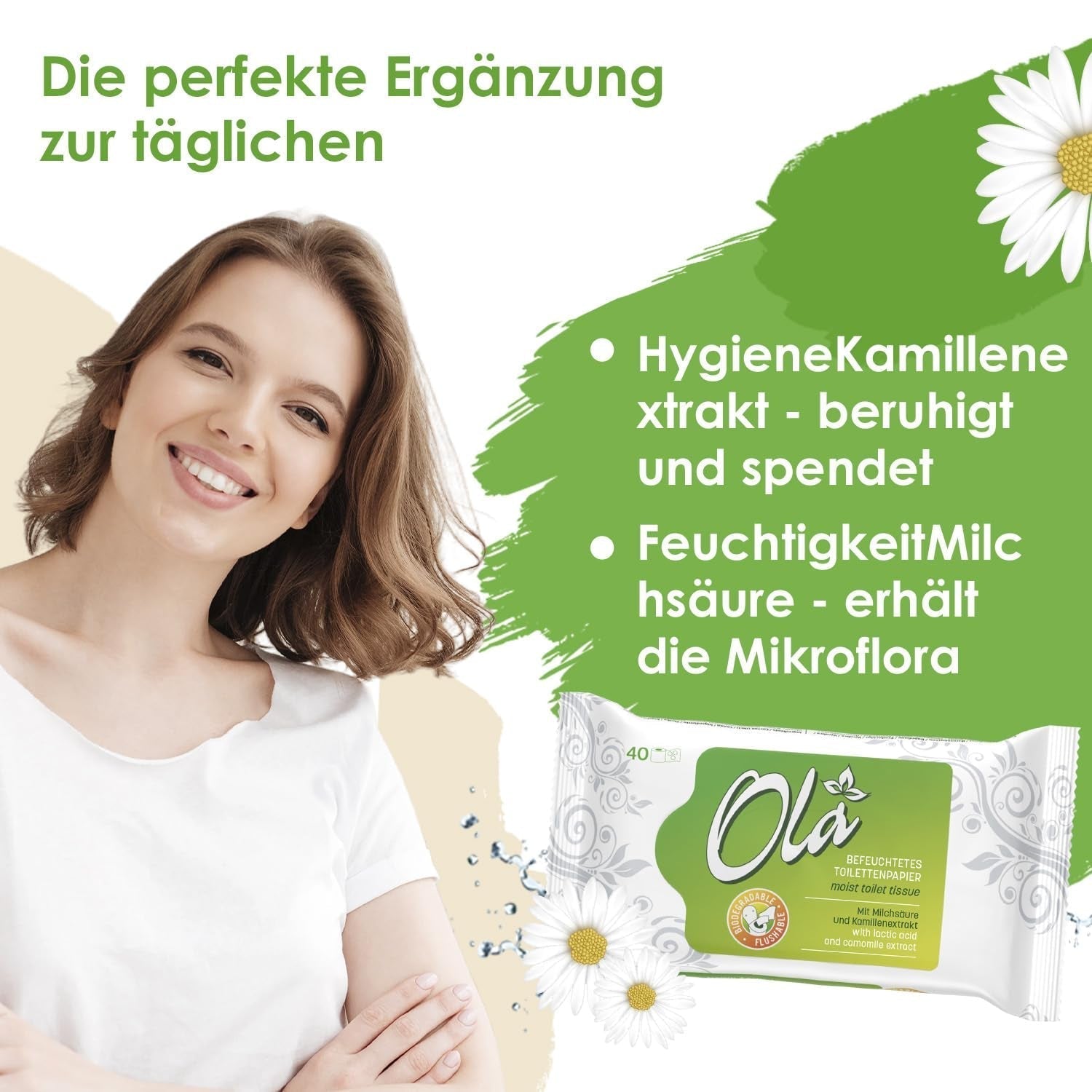 OLA Nasses Toilettenpapier – (1X40 Stück) Feuchttücher – Kamillenextrakt und Milchsäure, waschbar, empfindliche Haut – 40 Stück