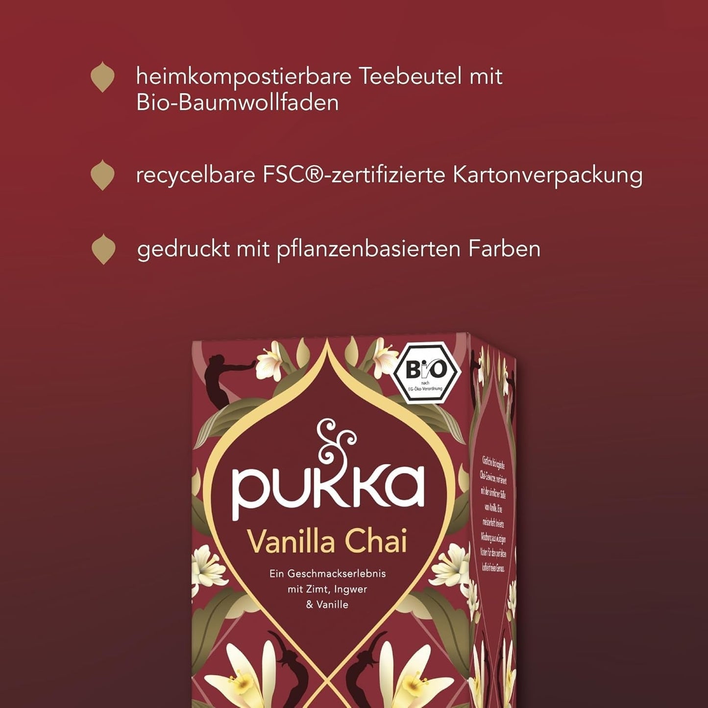 Pukka | Mischung aus aromatisierten Bio-Tees „Vanilla Chai“ | Zimt, Ingwer und Vanille | Tee zum Genuss mit natürlicher Süße | 1 Stück | 20 Teebeutel